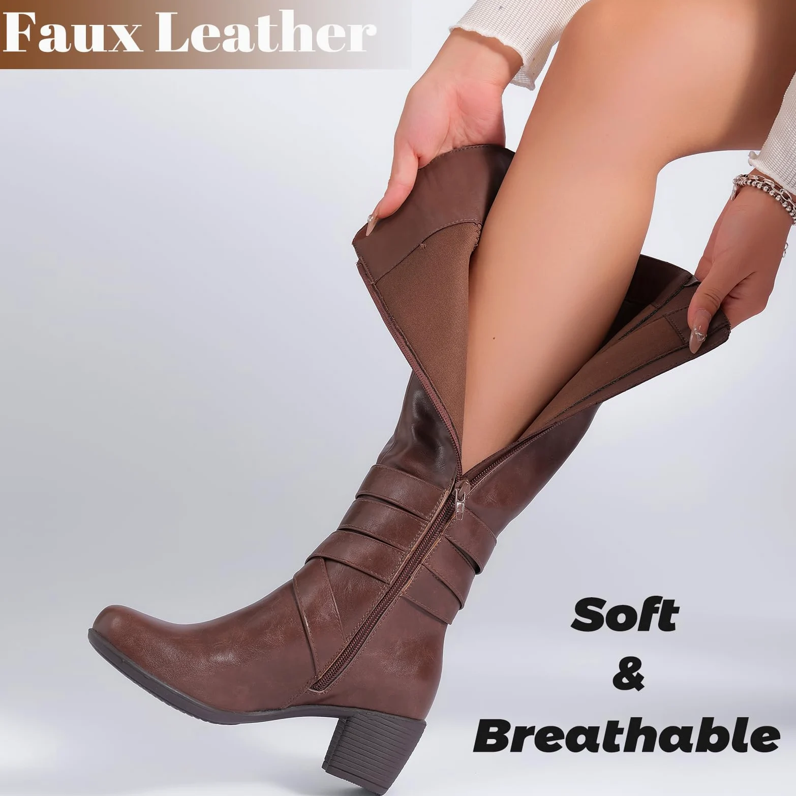 Ruiee Botas altas hasta la rodilla para mujer, cómodas, de tacón grueso, clásicas, puntiagudas, para otoño e invierno, tacón bajo, botas largas para mujer.