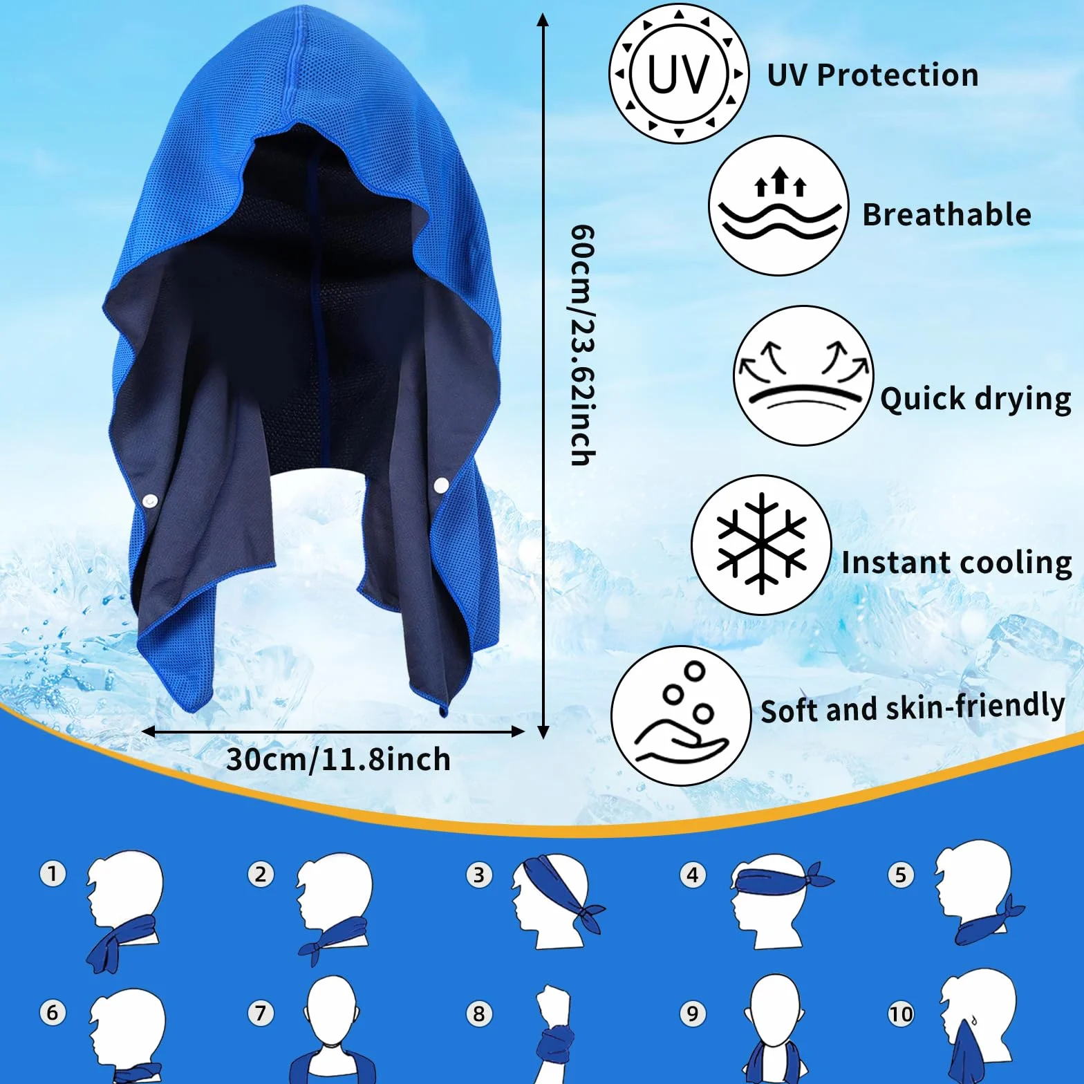Toalla Refrescante Deporte, Pañuelo Cabeza Deporte Toallas Refrescantes, Microfibra Toalla Refrescante con Capucha, Toallas de Refrigeración para Cuello y Cara para Deporte, Camping, Playa, Aire Libre