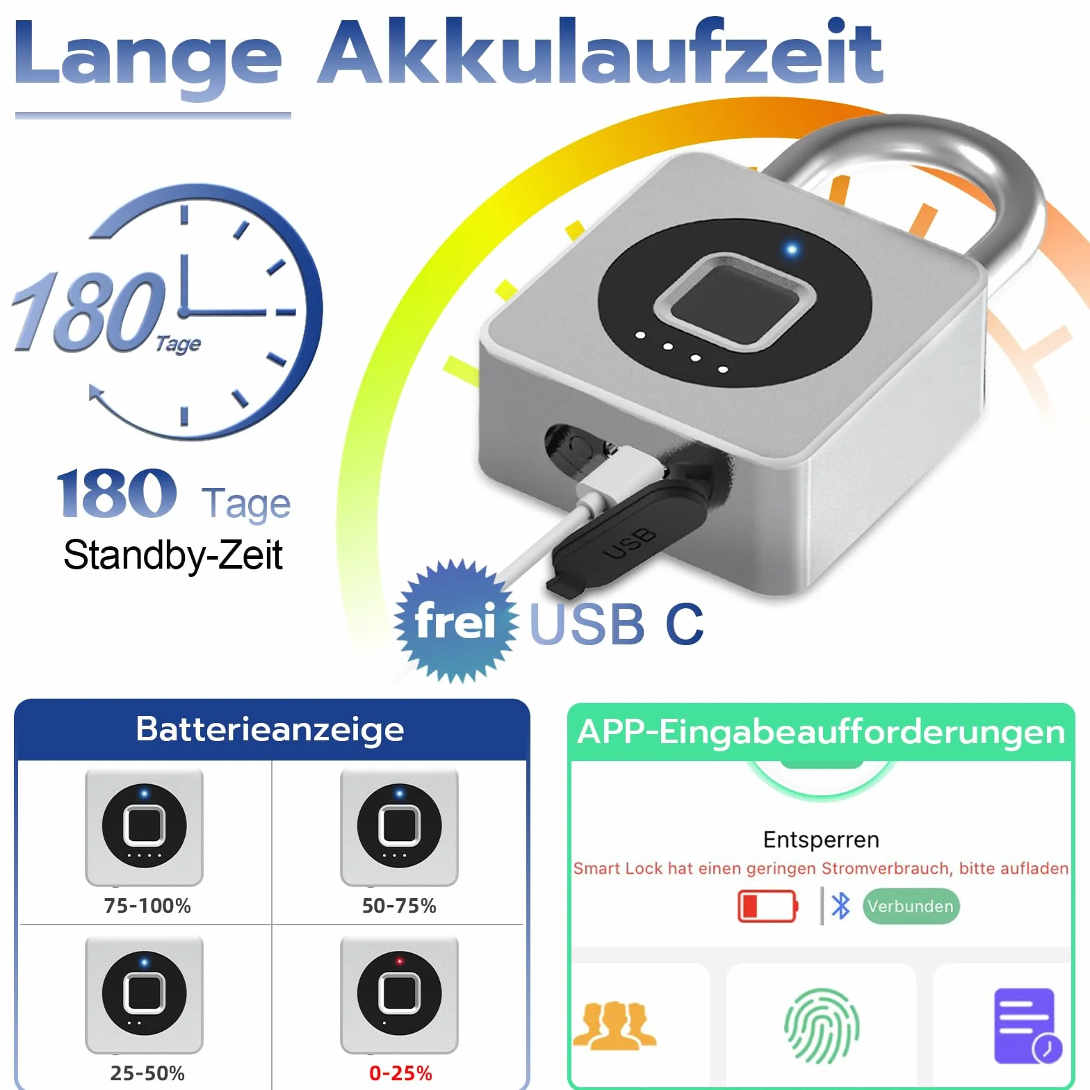 Eseesmart Candado de huella dactilar, candado para gimnasio, Bluetooth con huella dactilar, iOS Watch, resistente al agua, candado para equipaje, almacenes, coche de carga, garaje, taquilla
