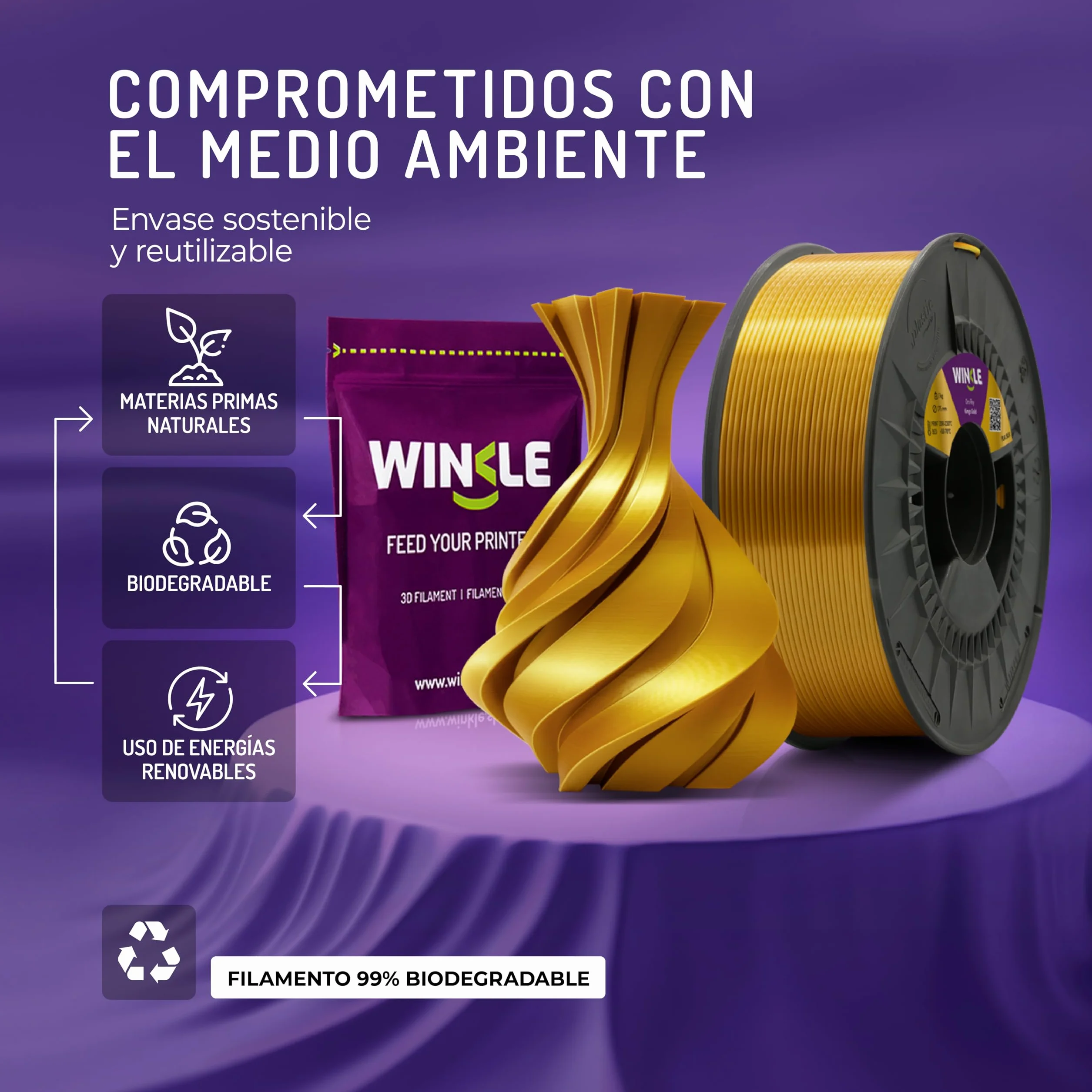 WINKLE Filamento PLA Silk Oro Rey 1,75mm 300g Bobina Impresora 3D
