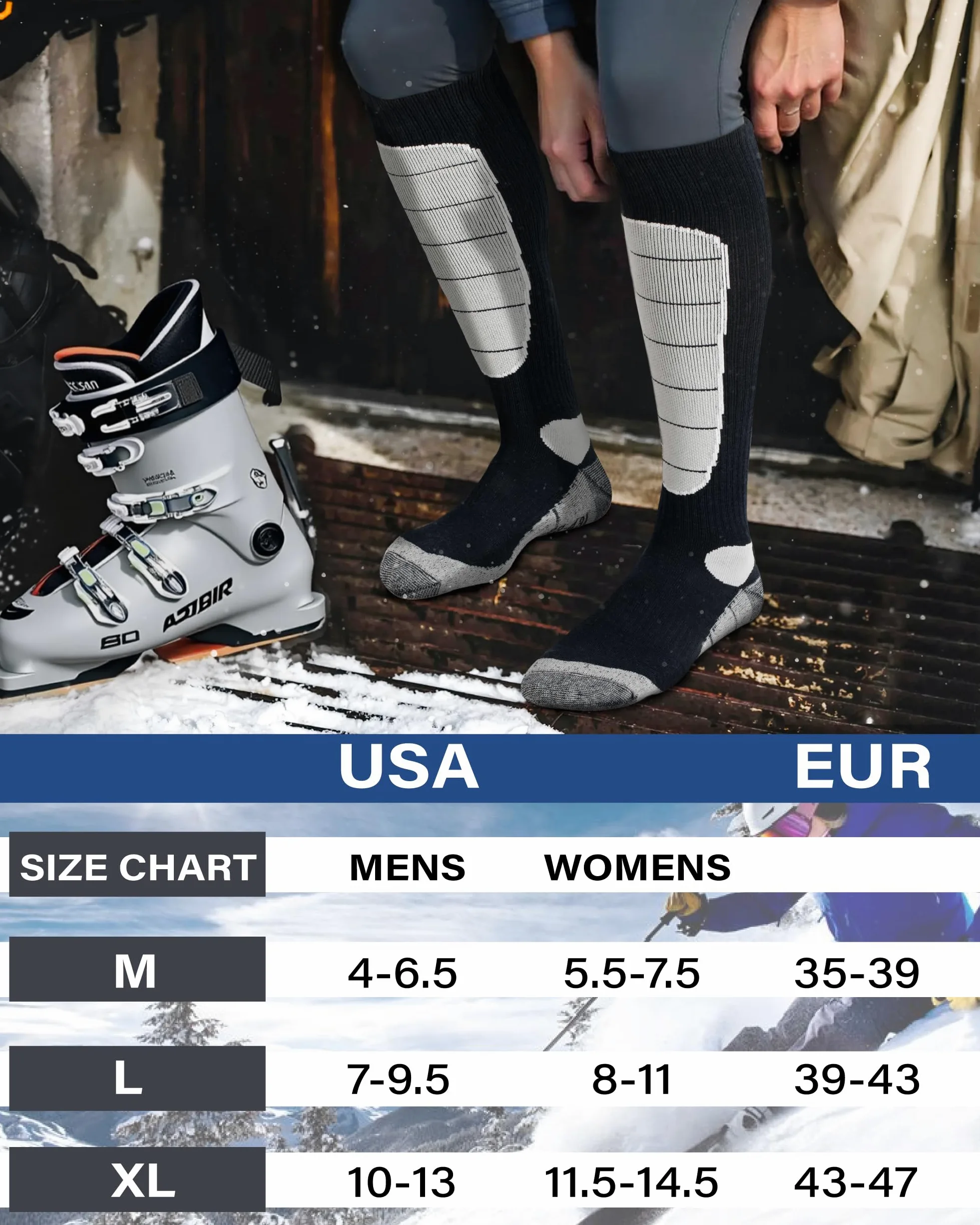 Hylaea - Calcetines de esquí de lana merina, para snowboard, nieve, invierno, caza, térmica, calor, para deportes al aire libre, color gris y negro, 2 pares de medias