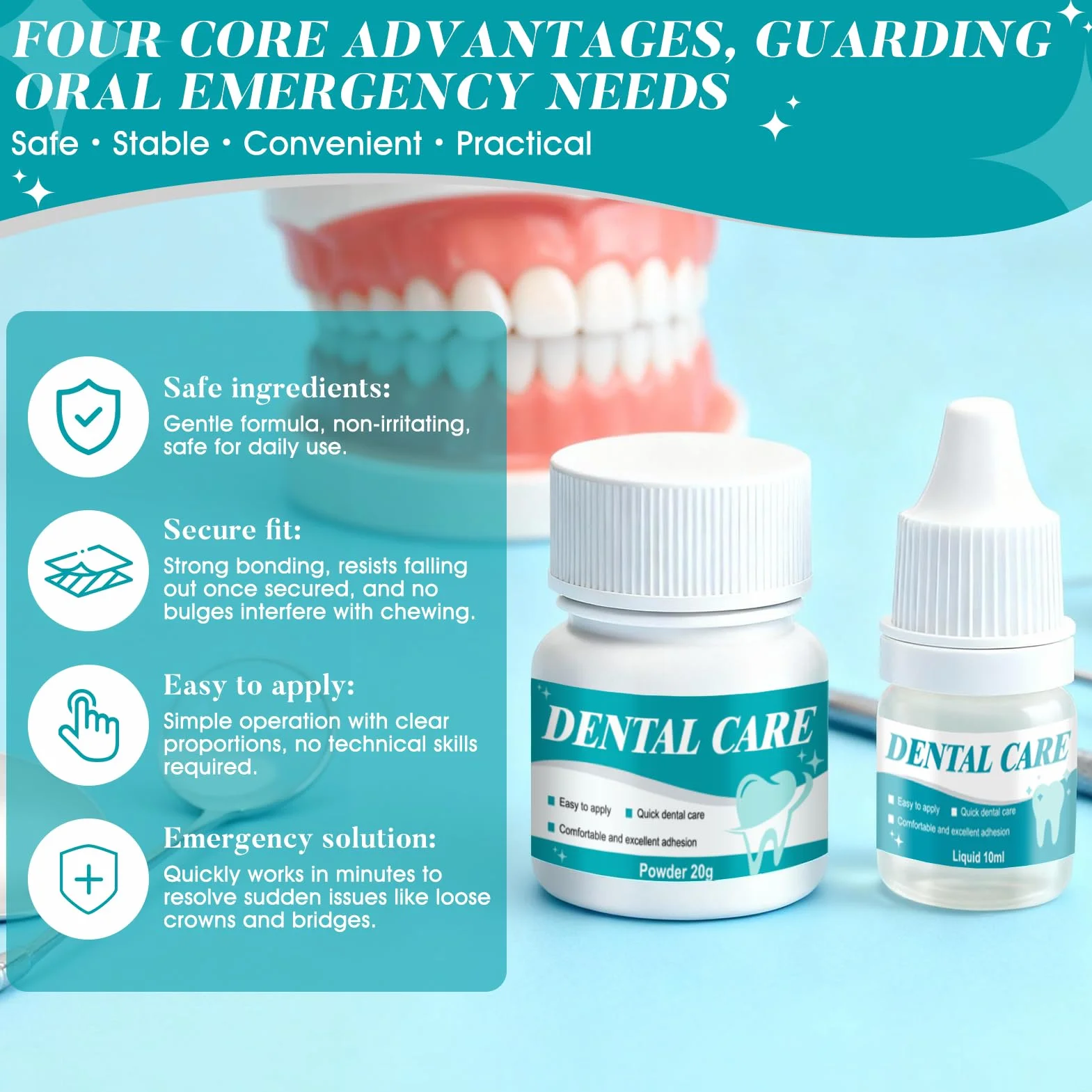 Cemento Dental Adhesivo para Caries Empastes Puentes Coronas Rellenos Secado Rápido 4 Piezas