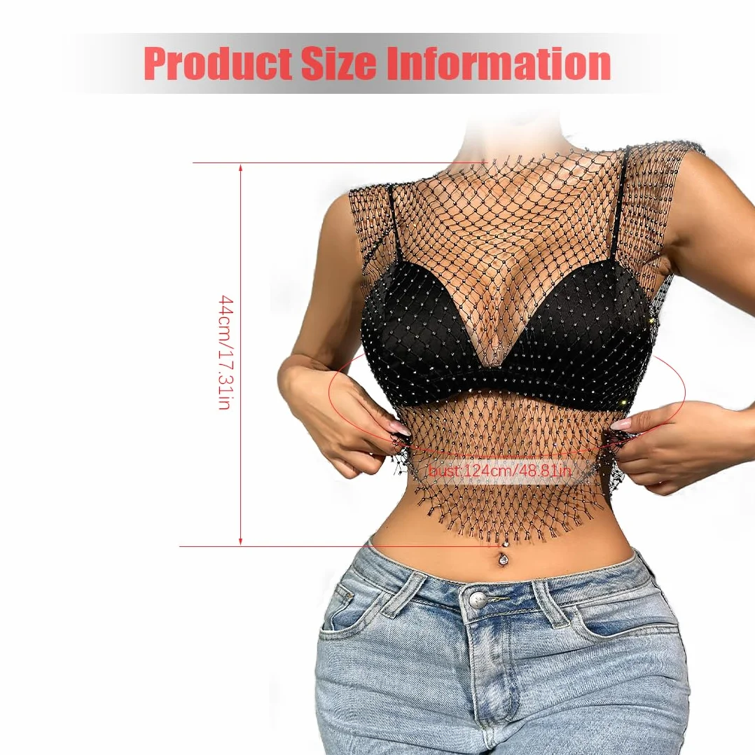 1 Piezas Camiseta Rejilla Mujer, Top Mujer Fiesta, Rhinestone Brillante Malla Cuerpo Cadena Tops para Mujeres Brillante Bikini Crop Top (Negro,M)