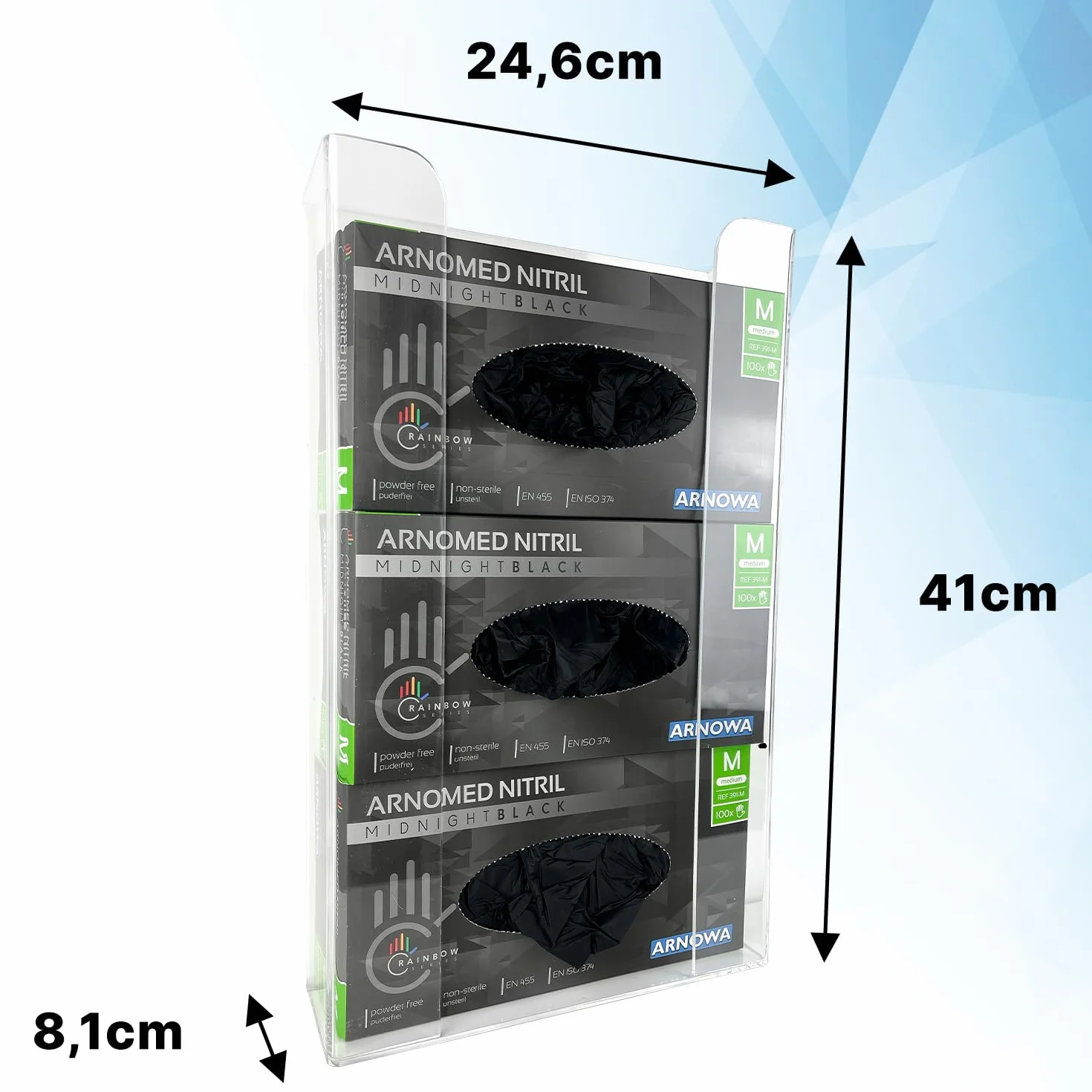 ARNOMED dispensador de guantes desechables pared acrílico 24,6x8,1x41 cm para 3 cajas nitrilo látex vinilo