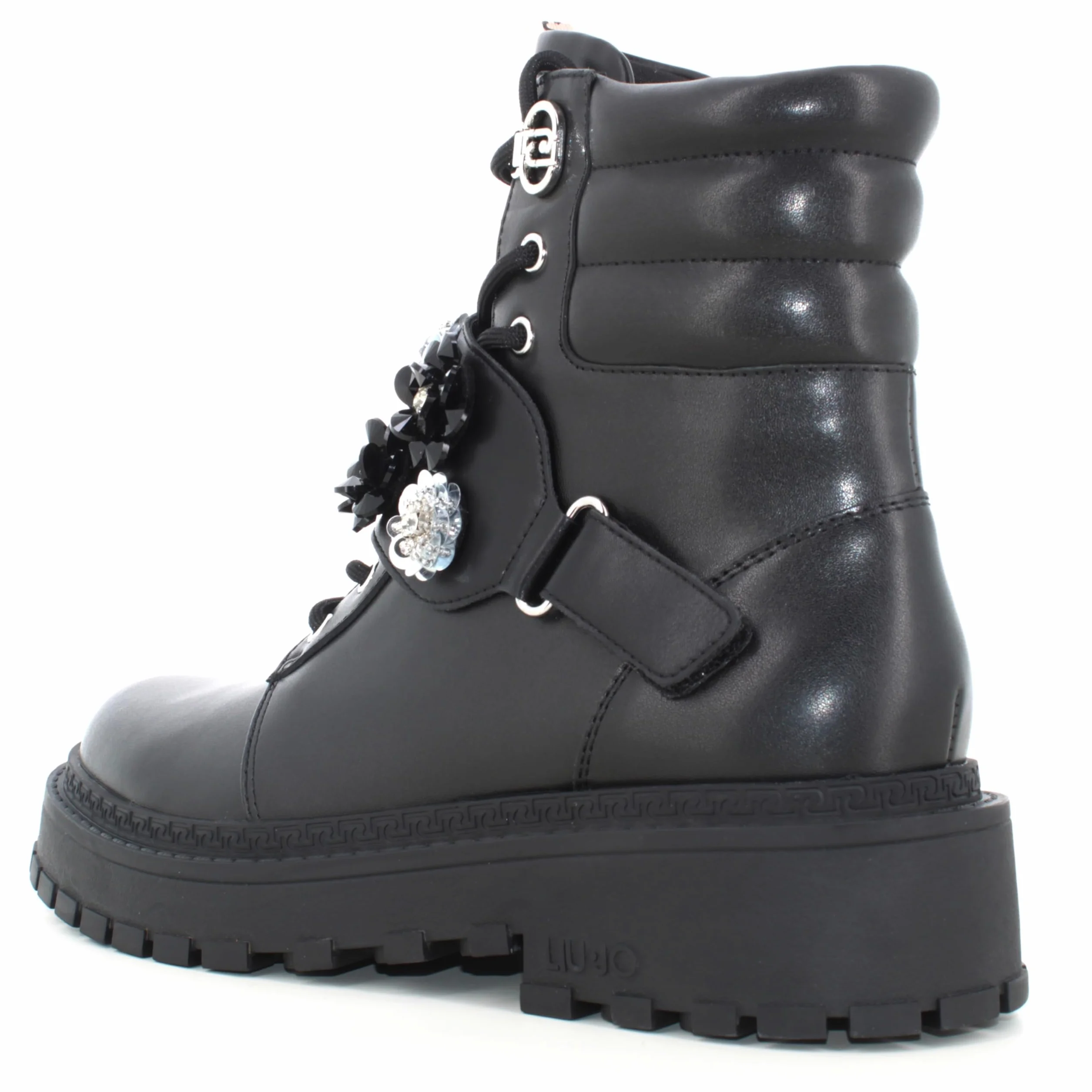 Liu Jo Botas Militares con Flores de Cristal, Negro, Cuero, Suela de Goma, Estilo Combat (Negro, Mediano, Sistema tallas calzado EU, Adulto, Números, mediano, 39)