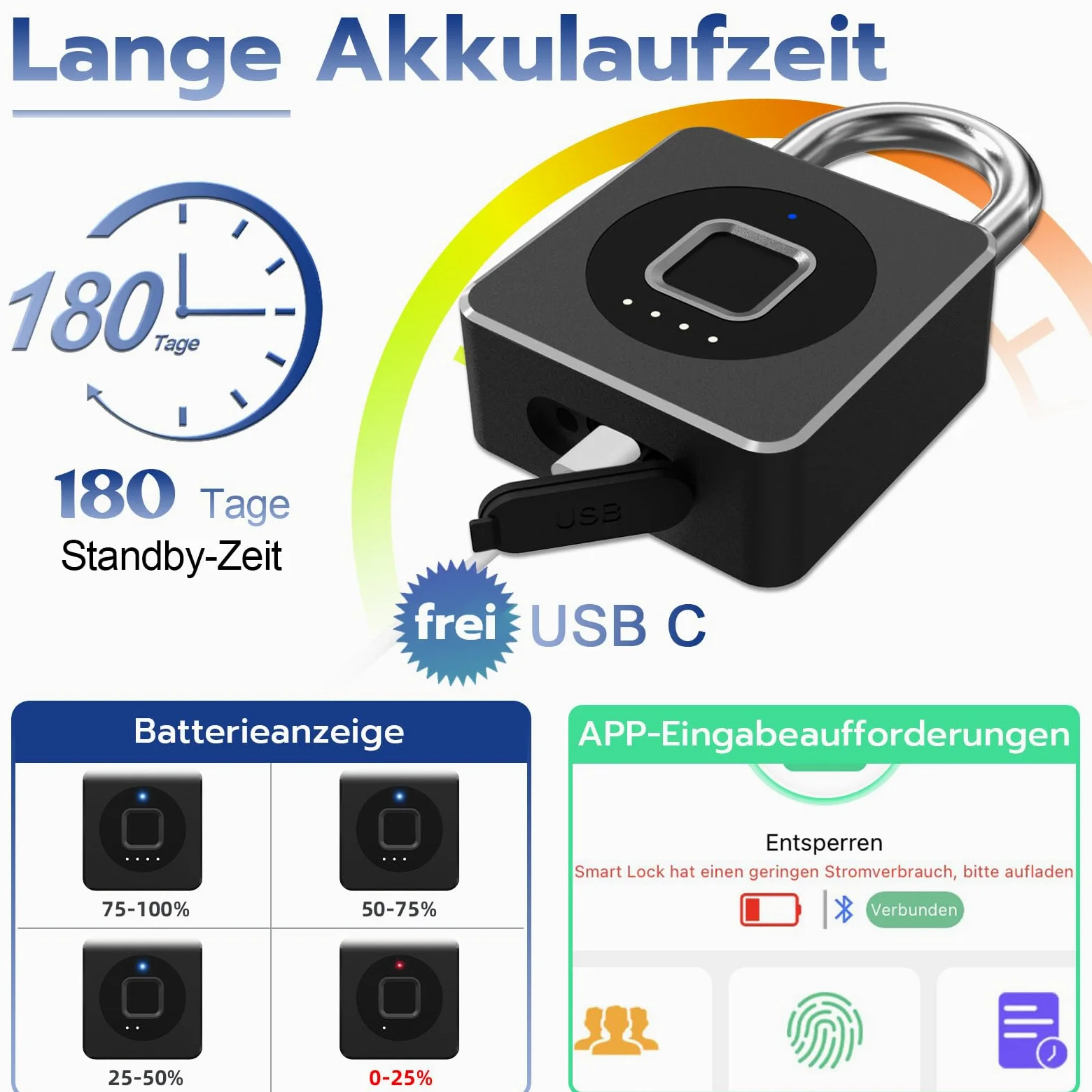 Eseesmart Candado de huellas dactilares, cerradura con aplicación Bluetooth de huellas dactilares, resistente al agua, con huella dactilar, para gimnasio, equipaje, almacenes, coche de carga, garaje