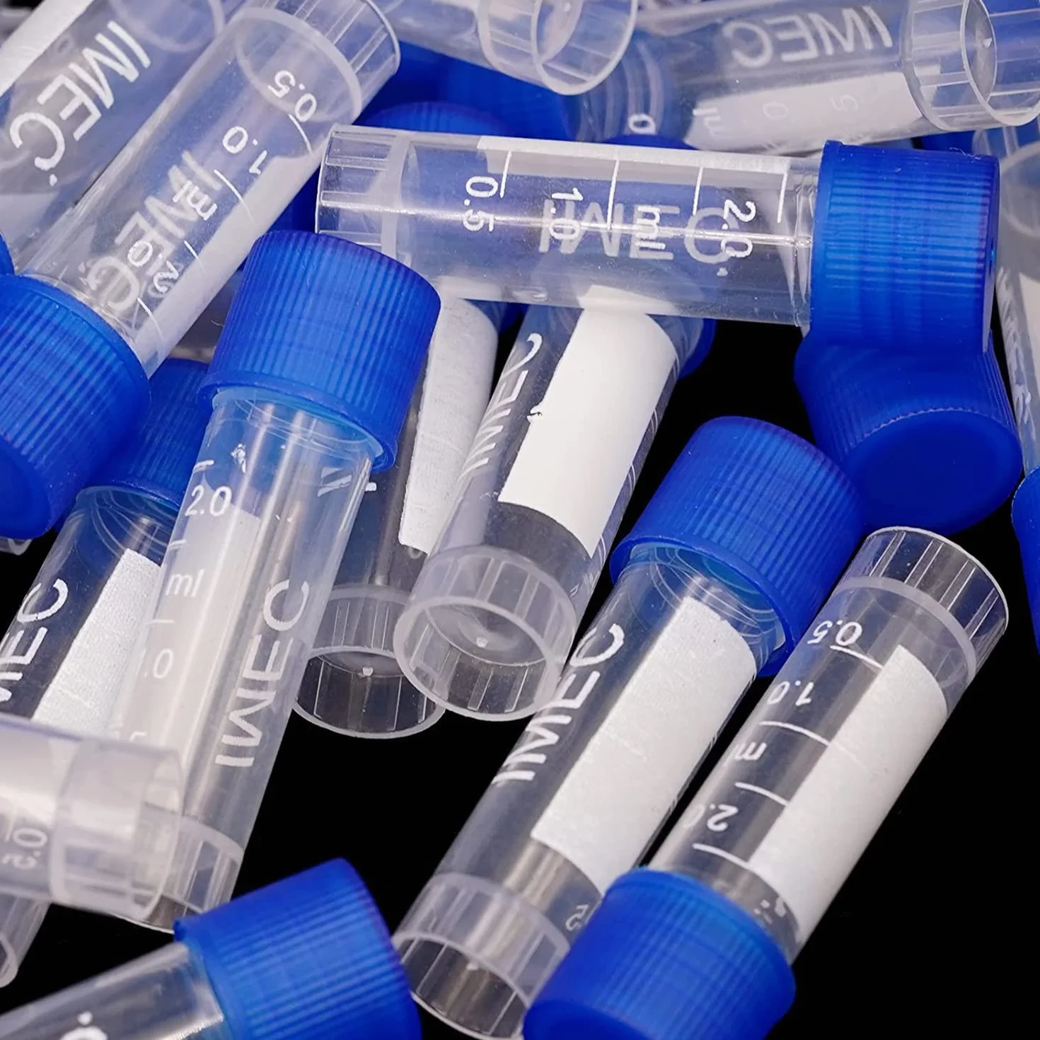 HUAZIZ 100 Piezas 2 Ml Tubos de Ensayo Plástico, Tubo Criogénico, Vial con Tapa de Tornillo Azul para Laboratorio