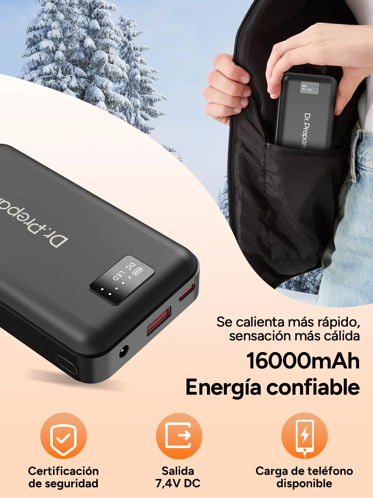 DR.PREPARE Chaleco Calefactable con Capucha para Hombre y Mujer, Batería de 7,4 V 16000 mAh, 3 Niveles de Calefacción 10 Zonas Chaleco Térmico para Esquí Pesca Senderismo Camping