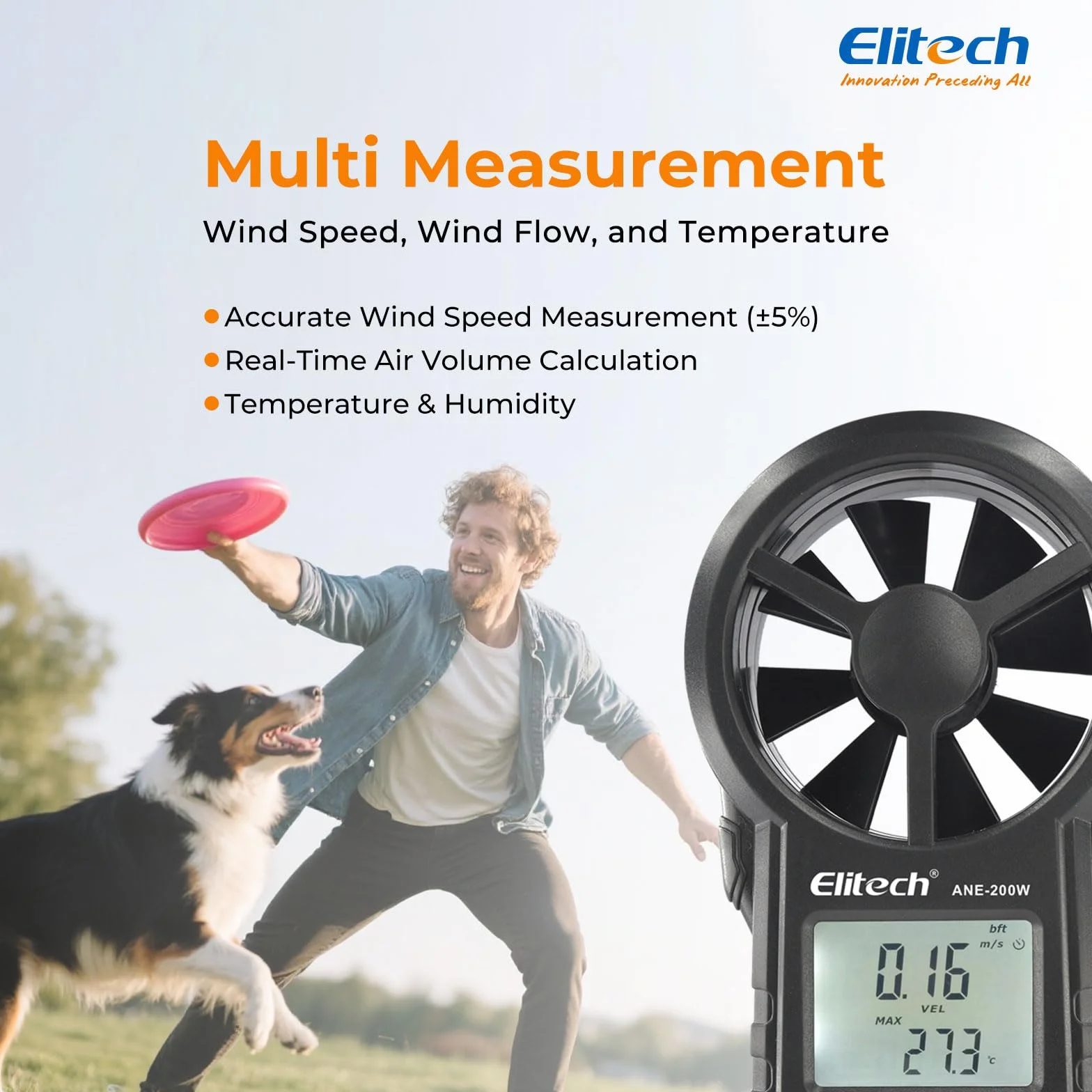 Elitech Anemómetro Digital Bluetooth ANE-200W Medidor Velocidad Viento Temperatura USB CFM/CMM
