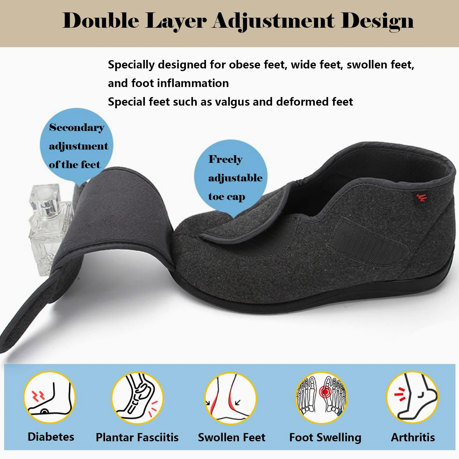 bumuam Respirable Zapatillas Zapatos,Zapatillas Ortopédicas para Diabéticos Extra Anchas para Ancianos, Cierre Ajustable para Pies Hinchados, Edema, Artritis EU 32(21.5cm/8.4in)