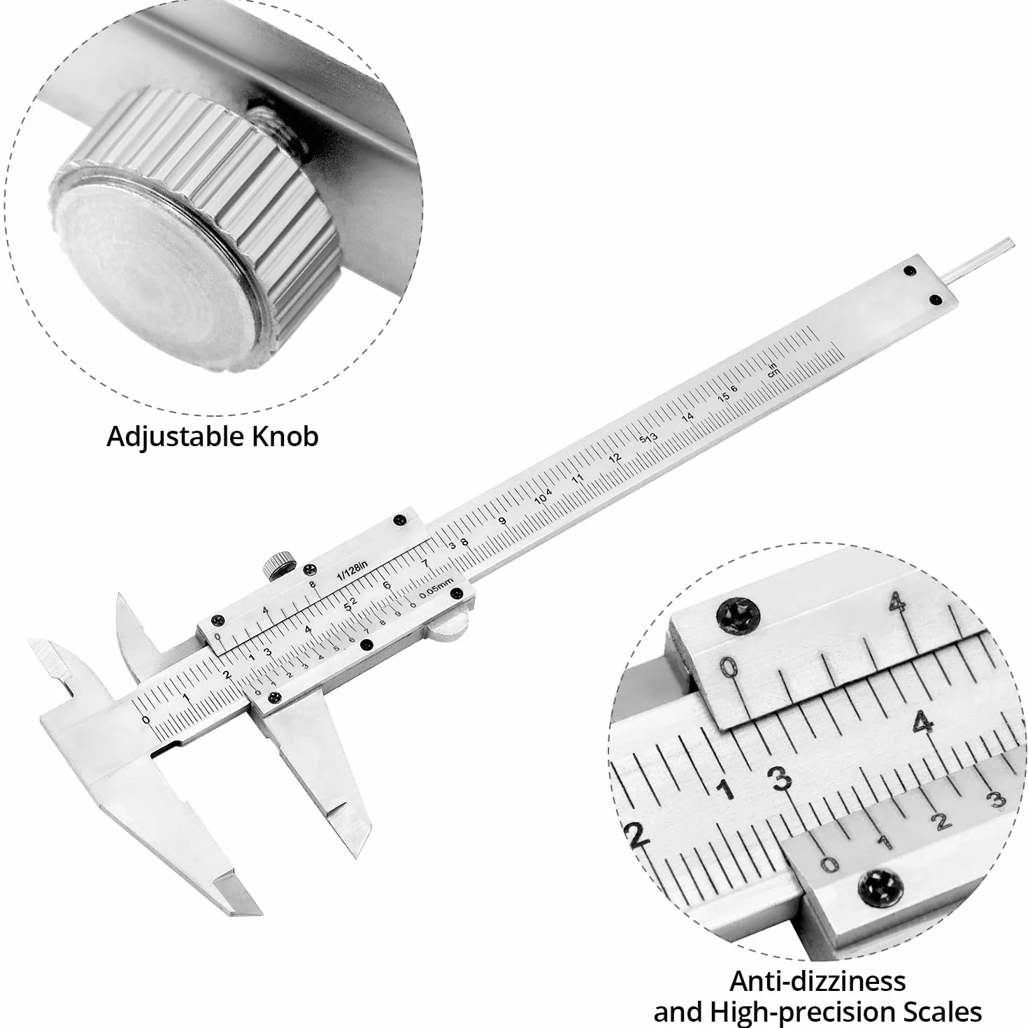 QWORK Calibre Vernier de Alta Precisión 6" 150 mm 0.05 mm 1/128" con Tornillo de Bloqueo