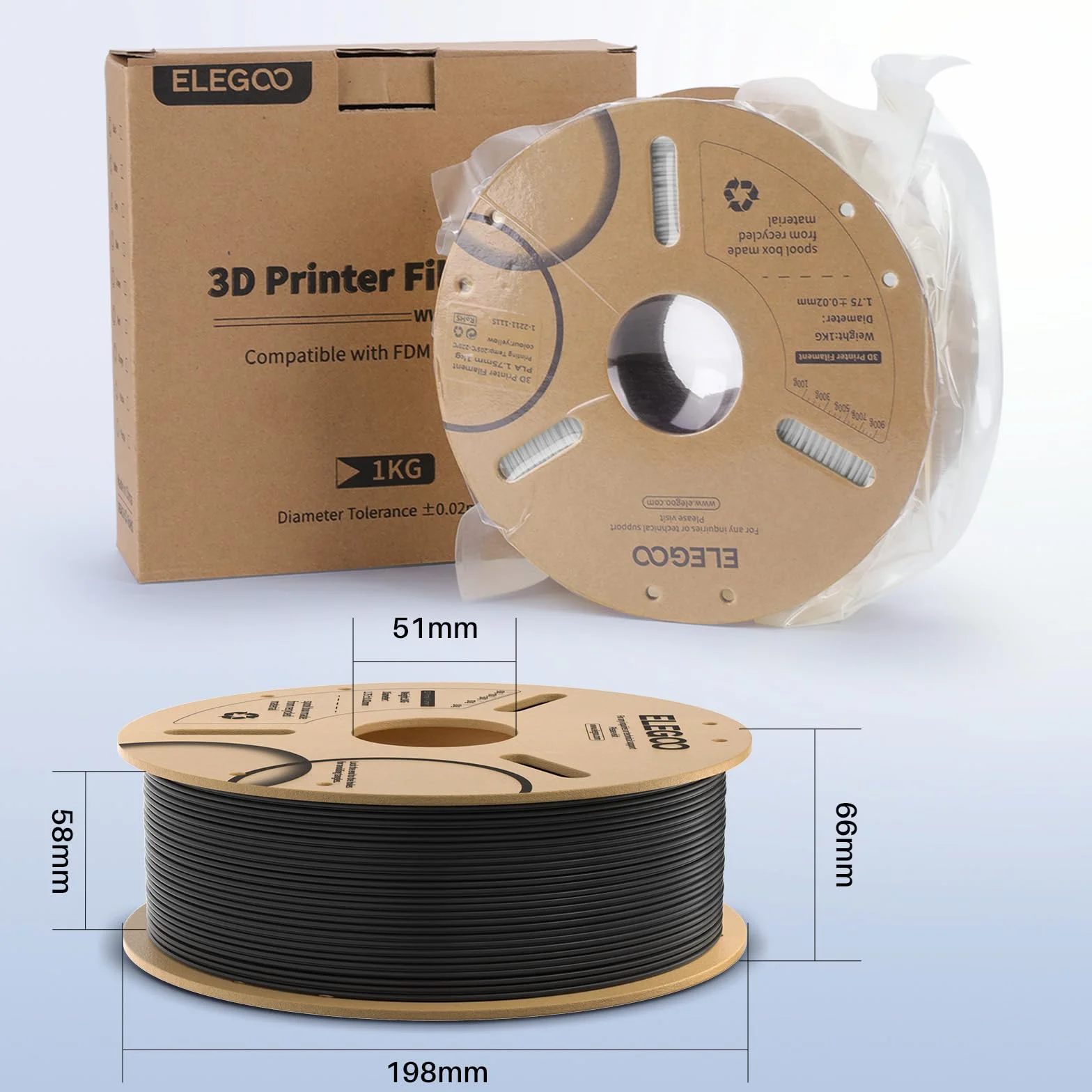 ELEGOO Filamento PLA+ 1.75mm 1KG Blanco, Precisión Dimensional +/- 0.02mm para Impresora 3D