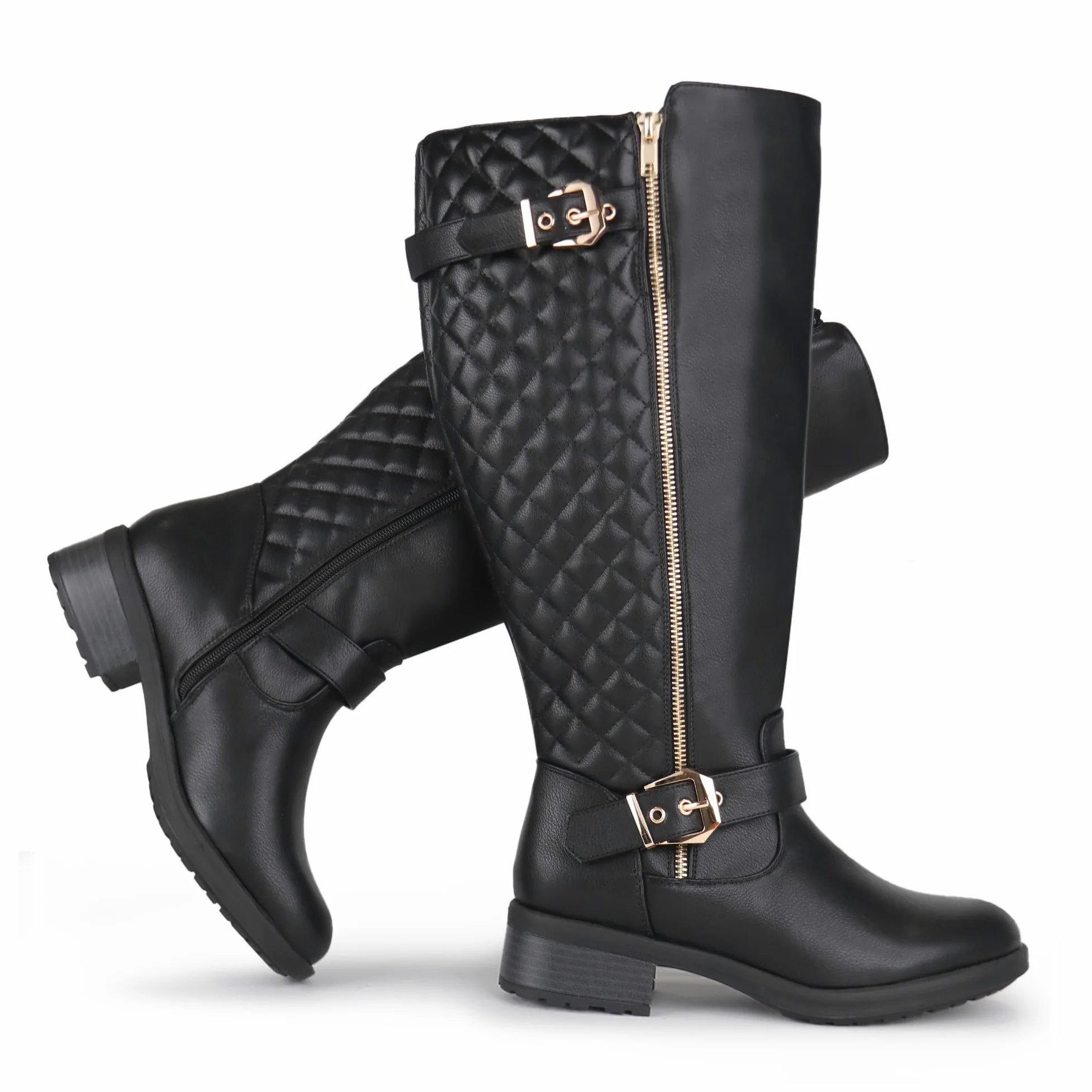 Botas de montar hasta la rodilla extra anchas para mujer, estilo retro, con doble hebilla, estilo chic, para otoño