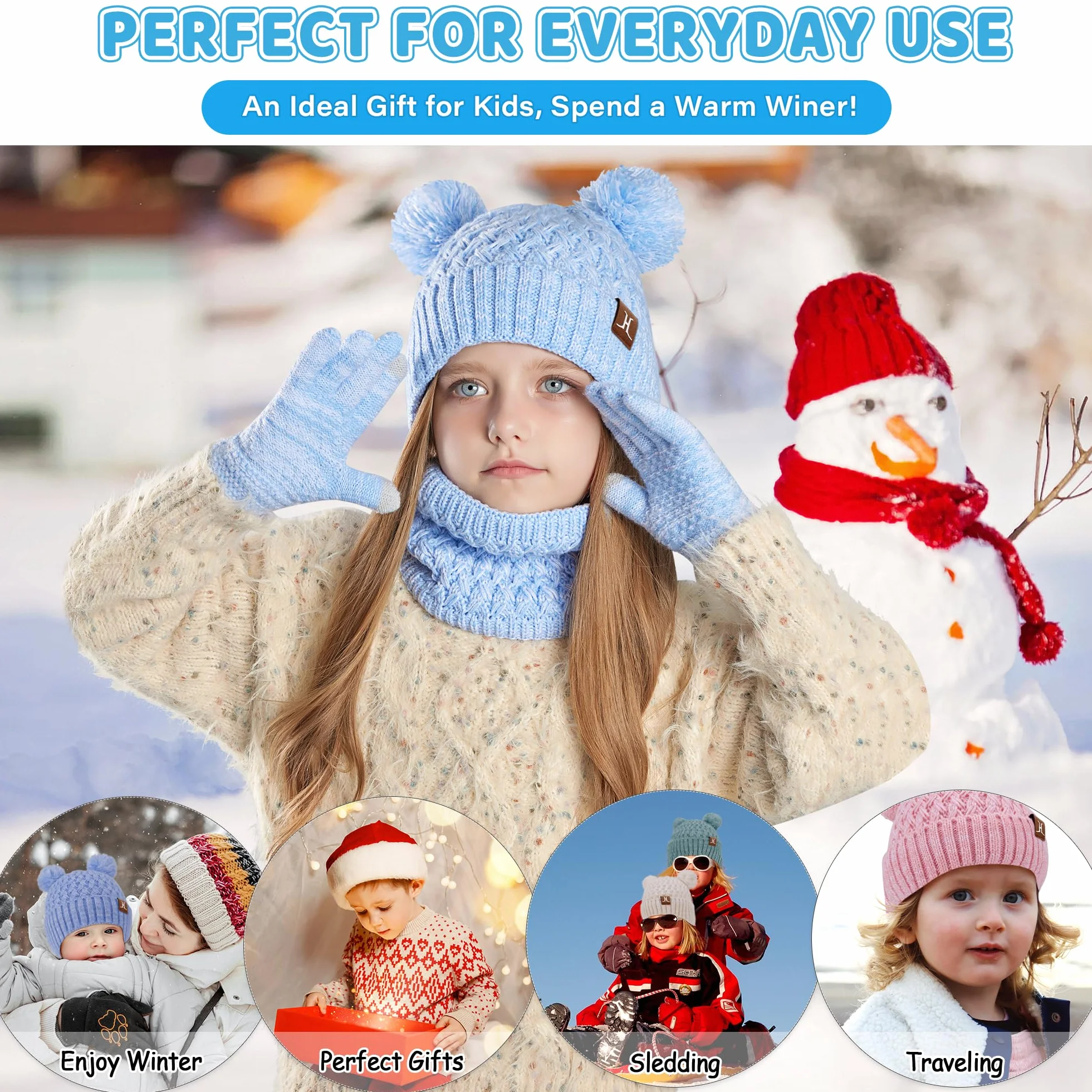 ZASFOU Niños Sombrero Invierno Bufanda Guantes Pantalla Táctil Set 2 3 4 5 6 7 Años Gorro Sombreros de Punto con Pompón Braga Cuello Guante Regalos para Niñas Niño
