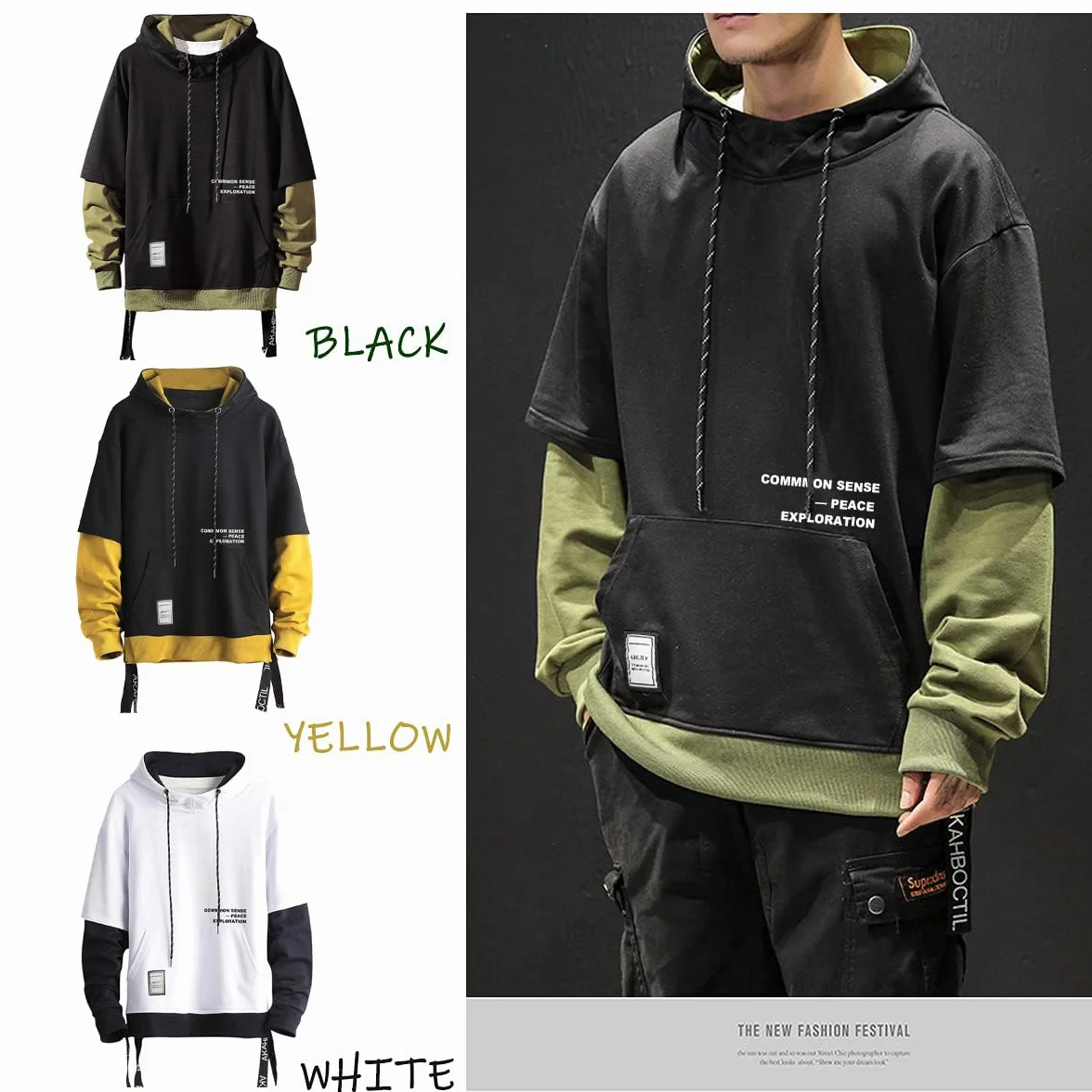 Moshtashio Sudadera con Capucha para Hombre Contraste Color Pullover Patchwork Manga Larga Hoodie Casual
