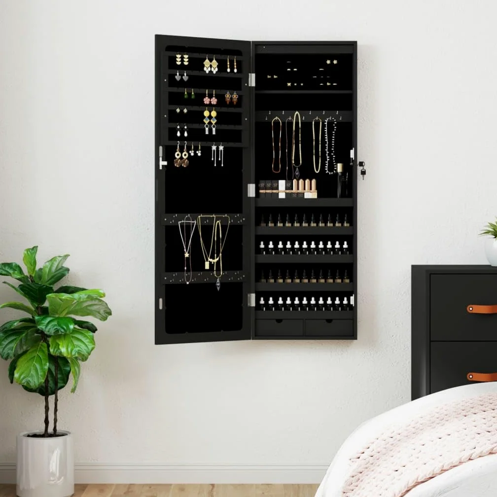 Artículos para el hogar, armario de joyería con espejo con luces LED, montado en la pared, negro, muebles de traje