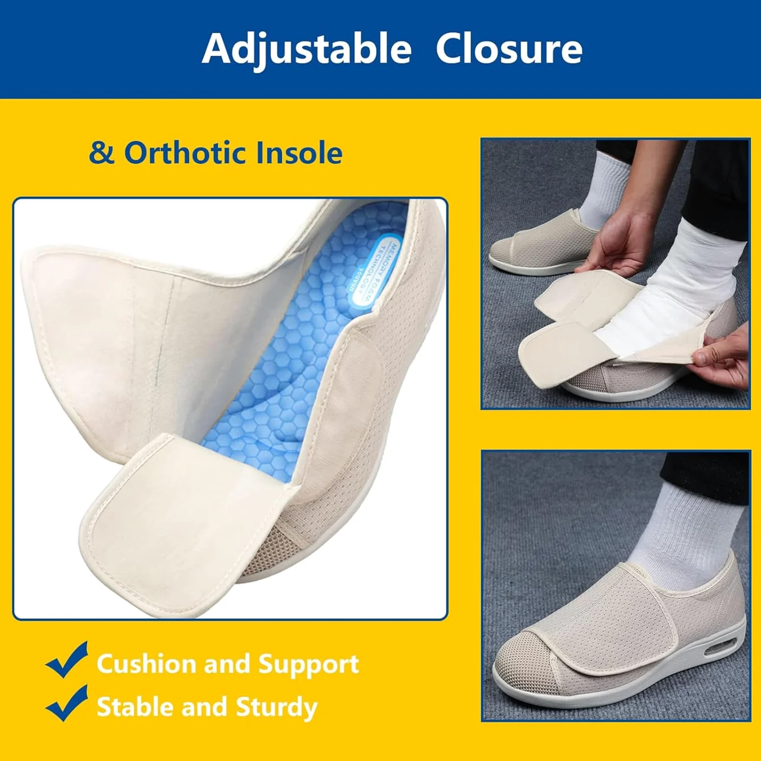 Zapatos Elegantes Mujeres Diabéticas, Zapatillas Ligeras Caminar con Ancho Extendido Y Correa Ajustable Poner Y Quitar Fácilmente, Zapatos para Edemas En Pies Hinchados, Zapatos