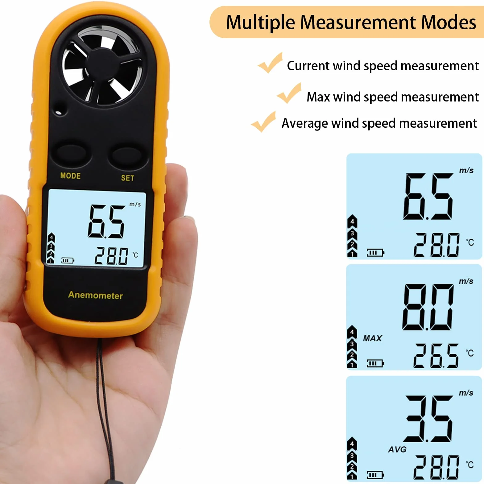 Anemómetro Portátil Digital, Medidor de Velocidad del Viento con Retroiluminación LCD, Modo MAX/Promedio/Actual