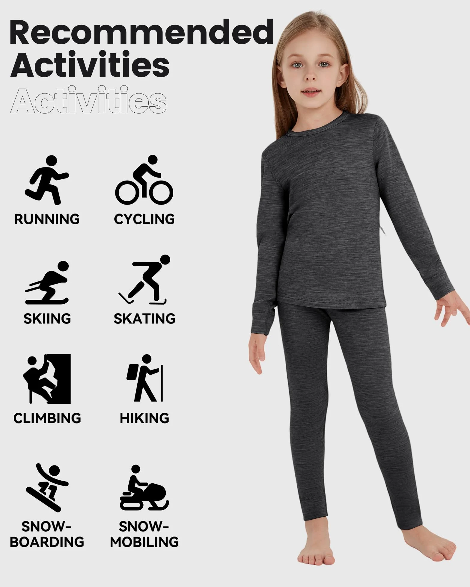 Ropa interior térmica infantil unisex, 100 % lana merino, juego para niños y niñas, ropa interior de esquí de invierno, cálida y cómoda, 260 g/m², gris brezo 3-4
