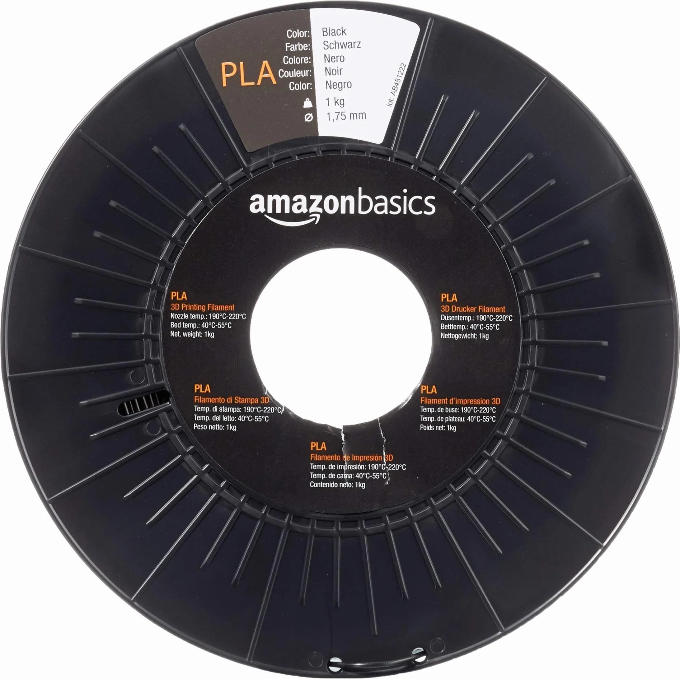 Amazon Basics Filamento PLA 1.75 mm 1 kg Negro para Impresora 3D