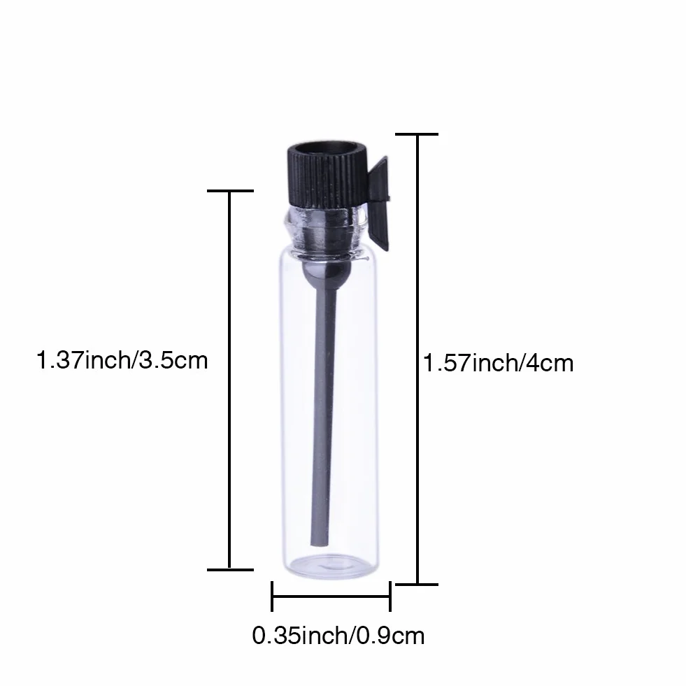 Muestras de perfume mini botellas de vidrio vacías con tapa negra (1 ml) para viajes y fiestas