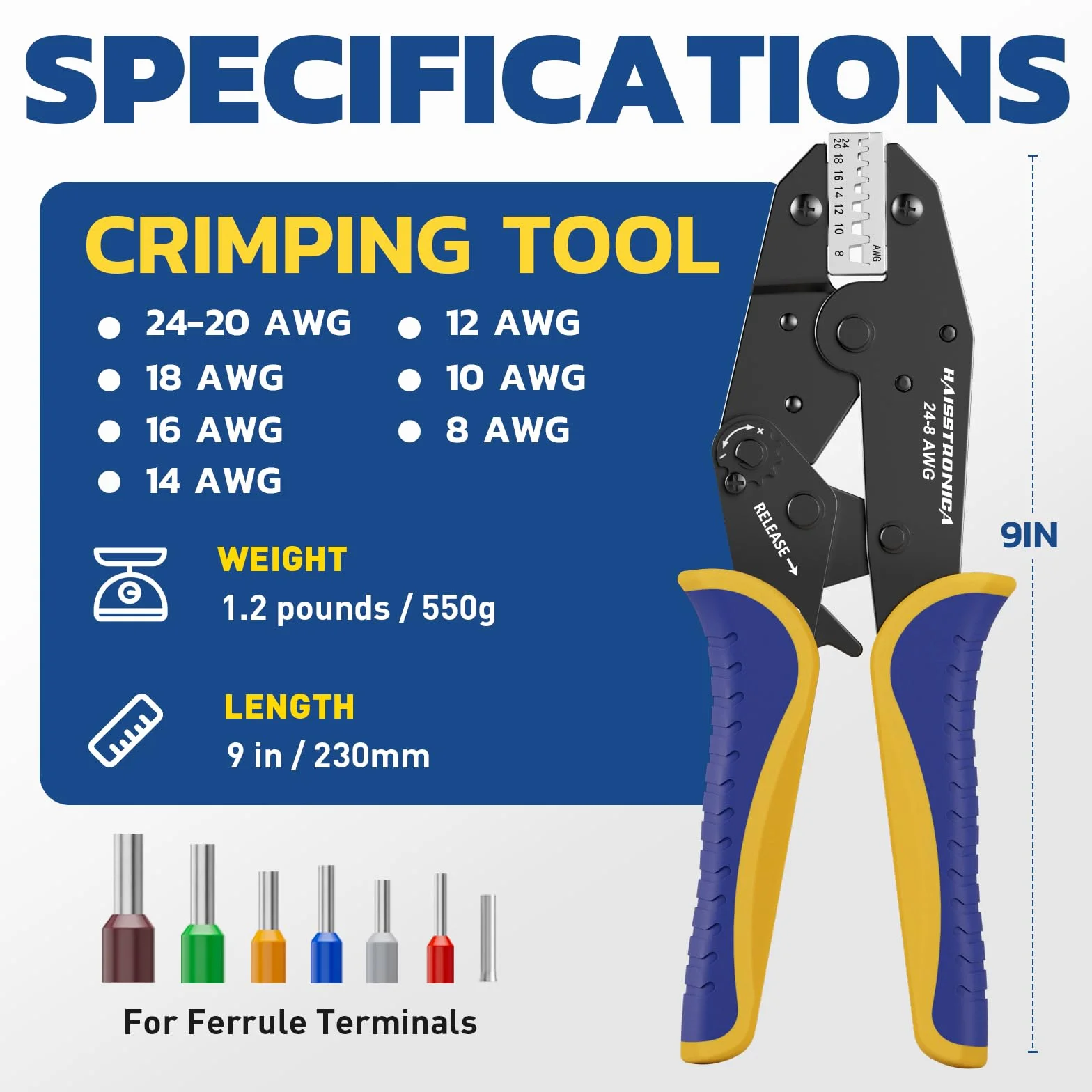 Crimpadora para Terminales de Cable Haisstronica 0,25–10 mm² (AWG24–8) Alicate de Crimpar