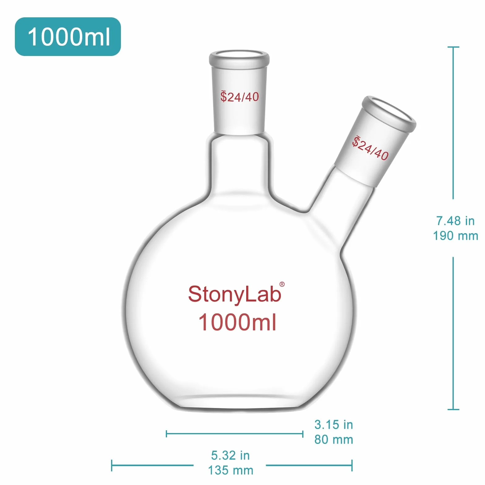 Stoneylab Matraz de Fondo Plano FBF 1000 ml, Vidrio de Borosilicato con Junta 24/40