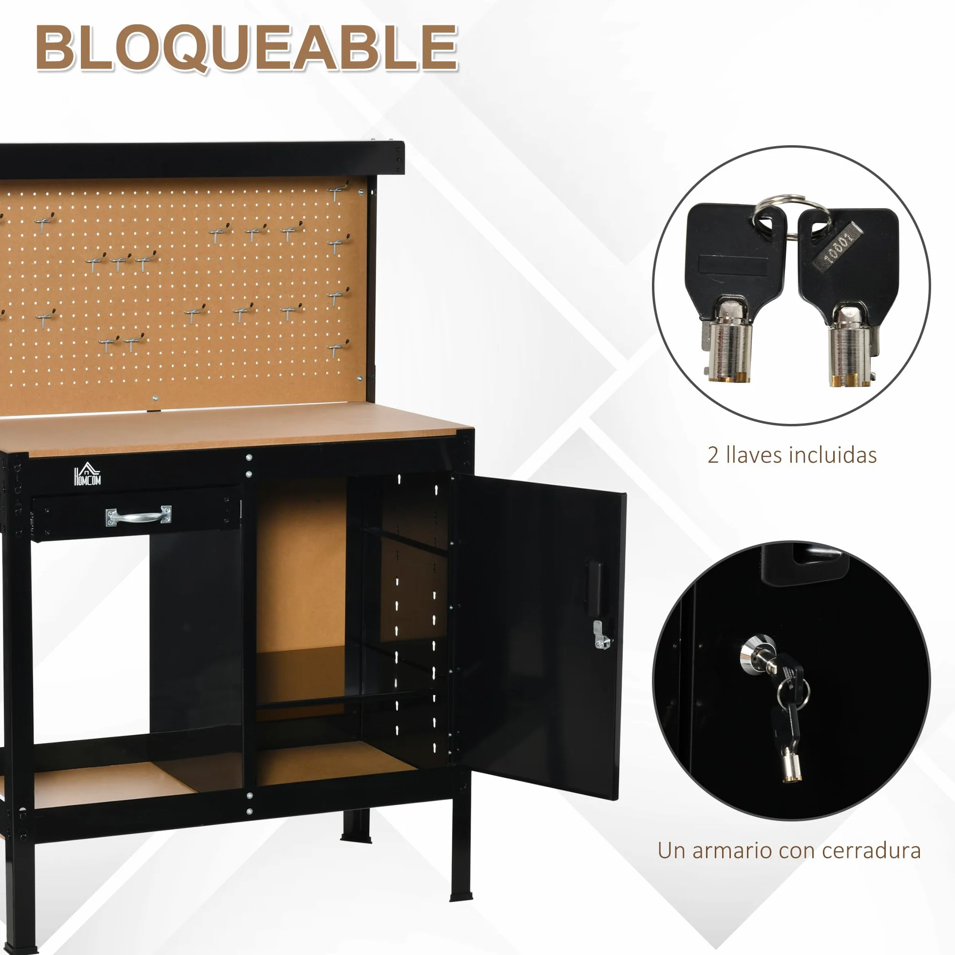 HOMCOM Banco de Trabajo 98,5x48x140 cm Carga 100 kg Mesa con Panel Perforado Negro