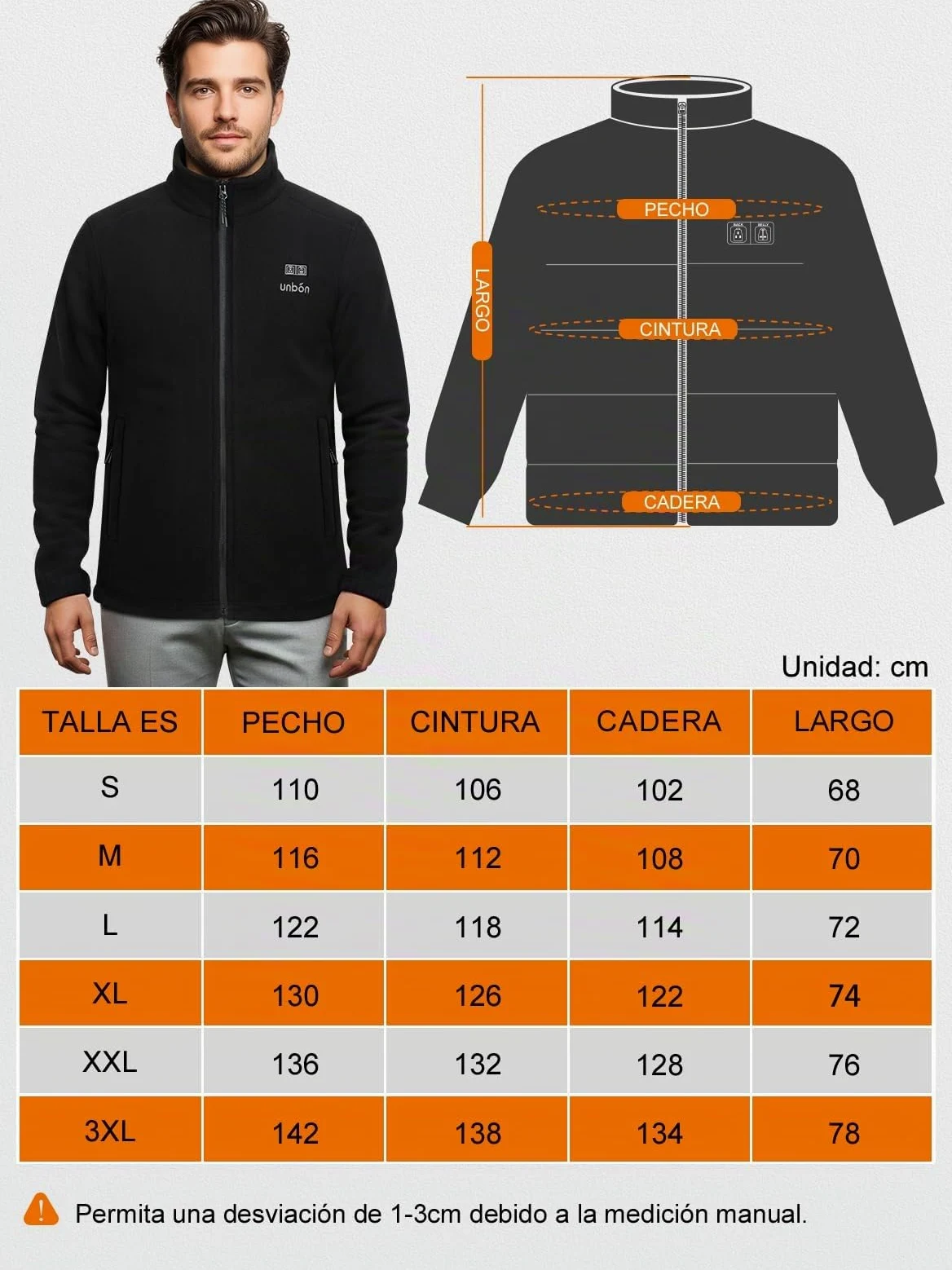 UNBON Chaqueta Calefactable Hombre con Batería USB 10000mAH, Chaqueta con Calefacción Hombre Polar Termica con 3 Temperaturas 6 Zonas de Calor, Abrigo Cazadora Calefactable Para Moto Trabajo Negro S