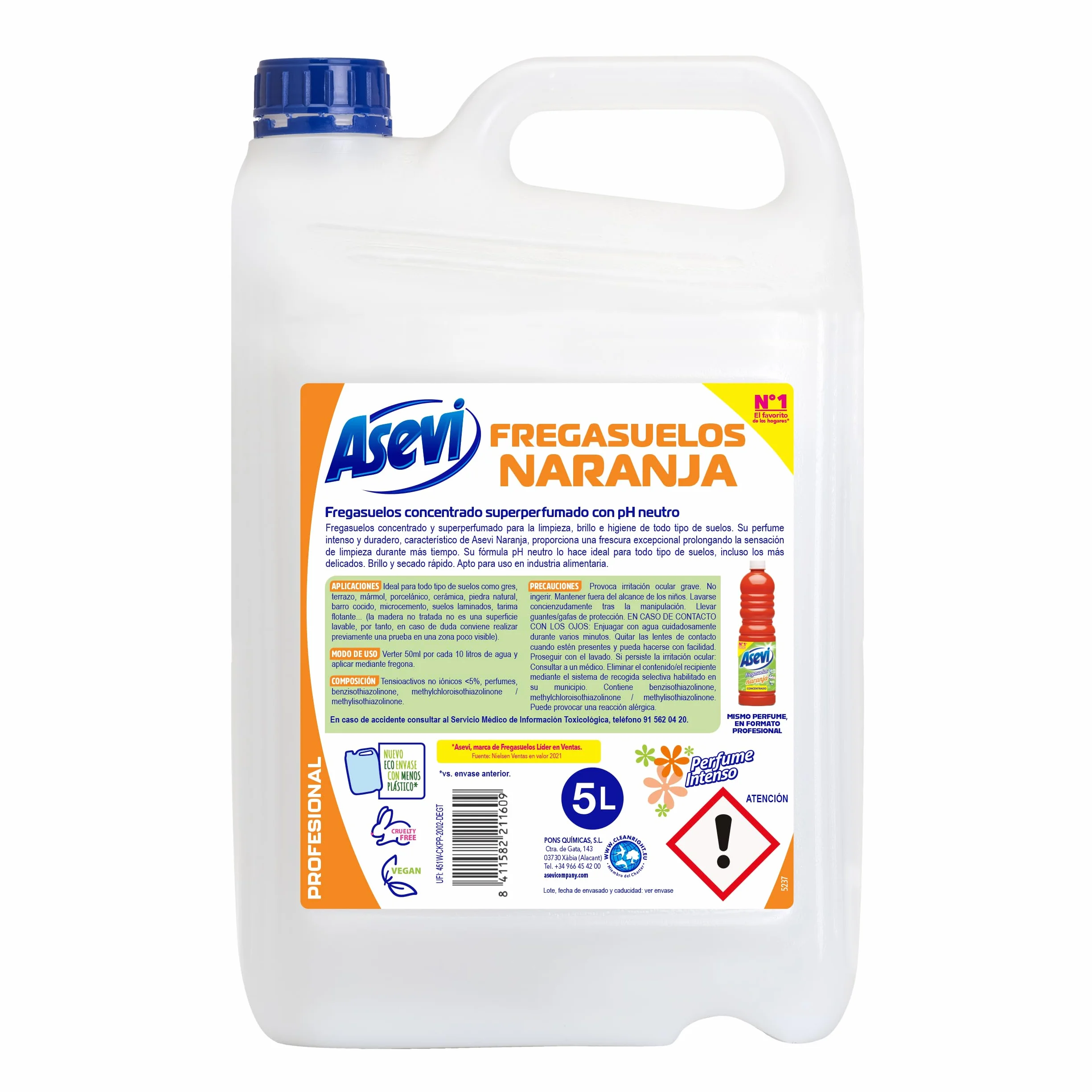 Asevi Fregasuelos Perfumado Naranja Concentrado 5 Litros pH Neutro