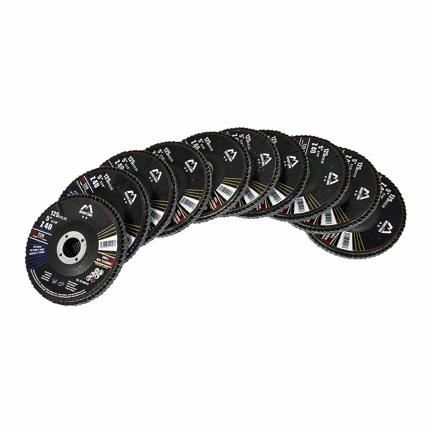Merryland Disco de Láminas Lijadoras 125mm Grano 40 T29 10 Piezas Corindón De Circonio Azul Acero INOX Hierro