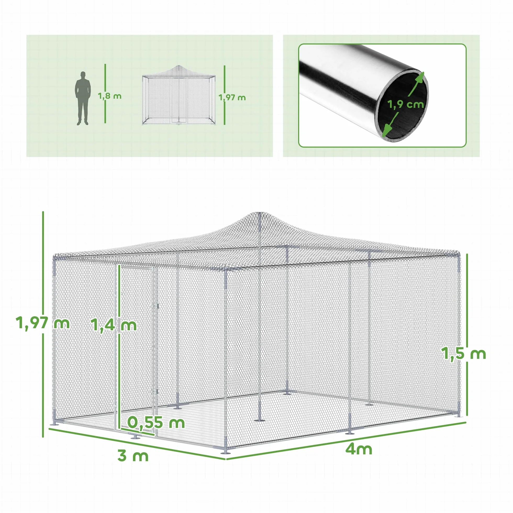 PawHut Gallinero Exterior Grande 4x3x1,97 m 12 m² Acero Galvanizado Puerta Doble Cierre Red PE Resistente Intemperie Walk-In