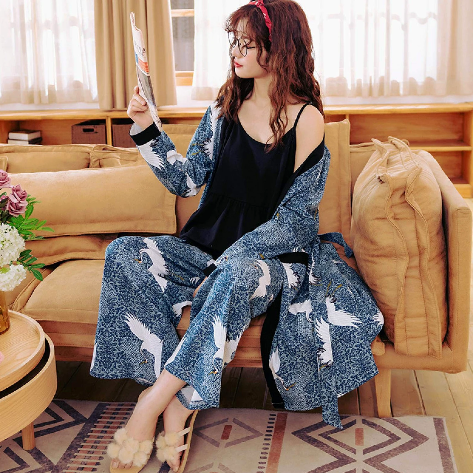 Camisón, Conjuntos de pijama de otoño e invierno para mujer Estilo japonés Kimono Pijama de algodón Mujer Tallas grandes Ropa de descanso para el hogar Batas Ropa de dormir de animales XXXL80-90KG BFY