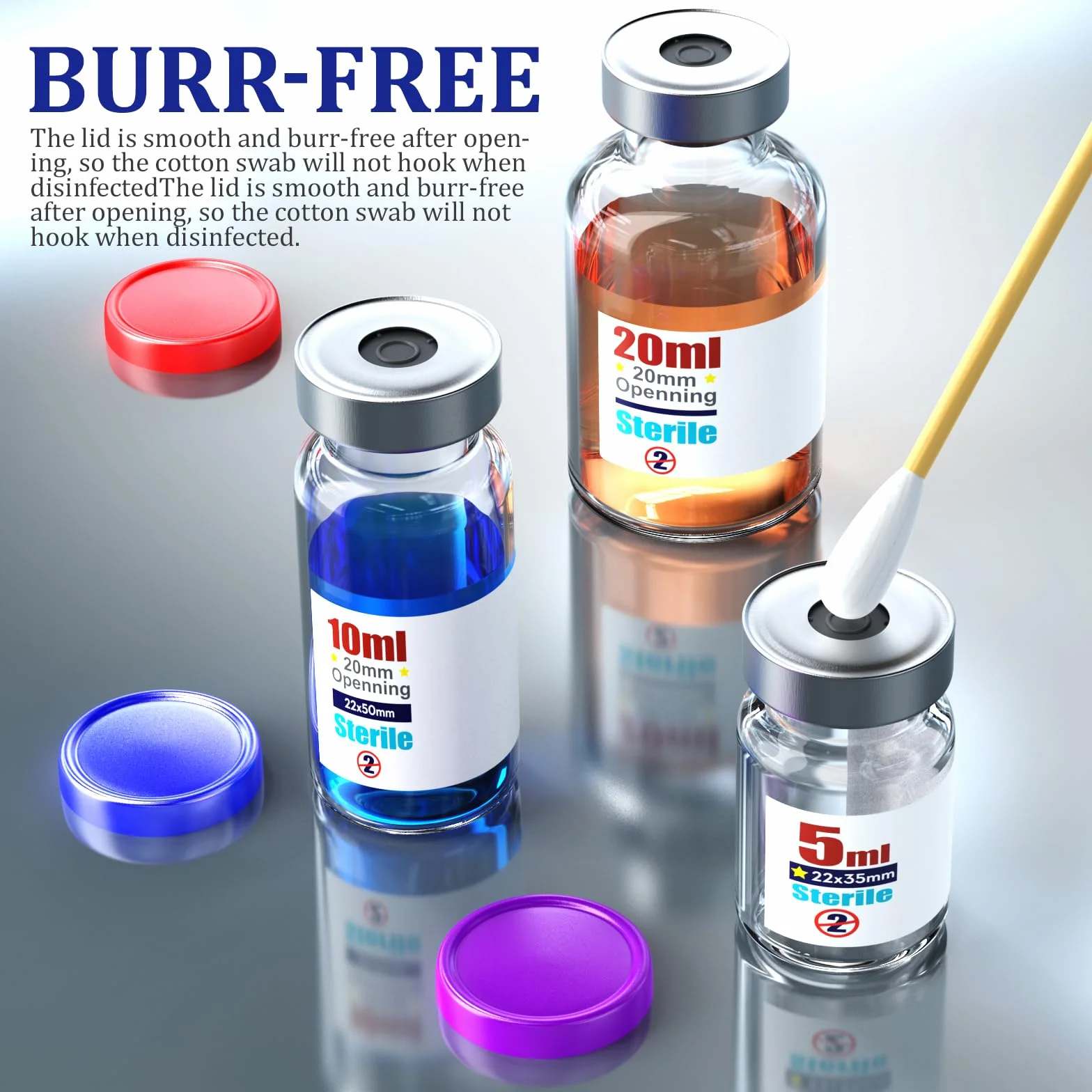 Frascos de vidrio estériles 10 ml con puerto de inyección autorreparable y tapa abatible, 10 unidades