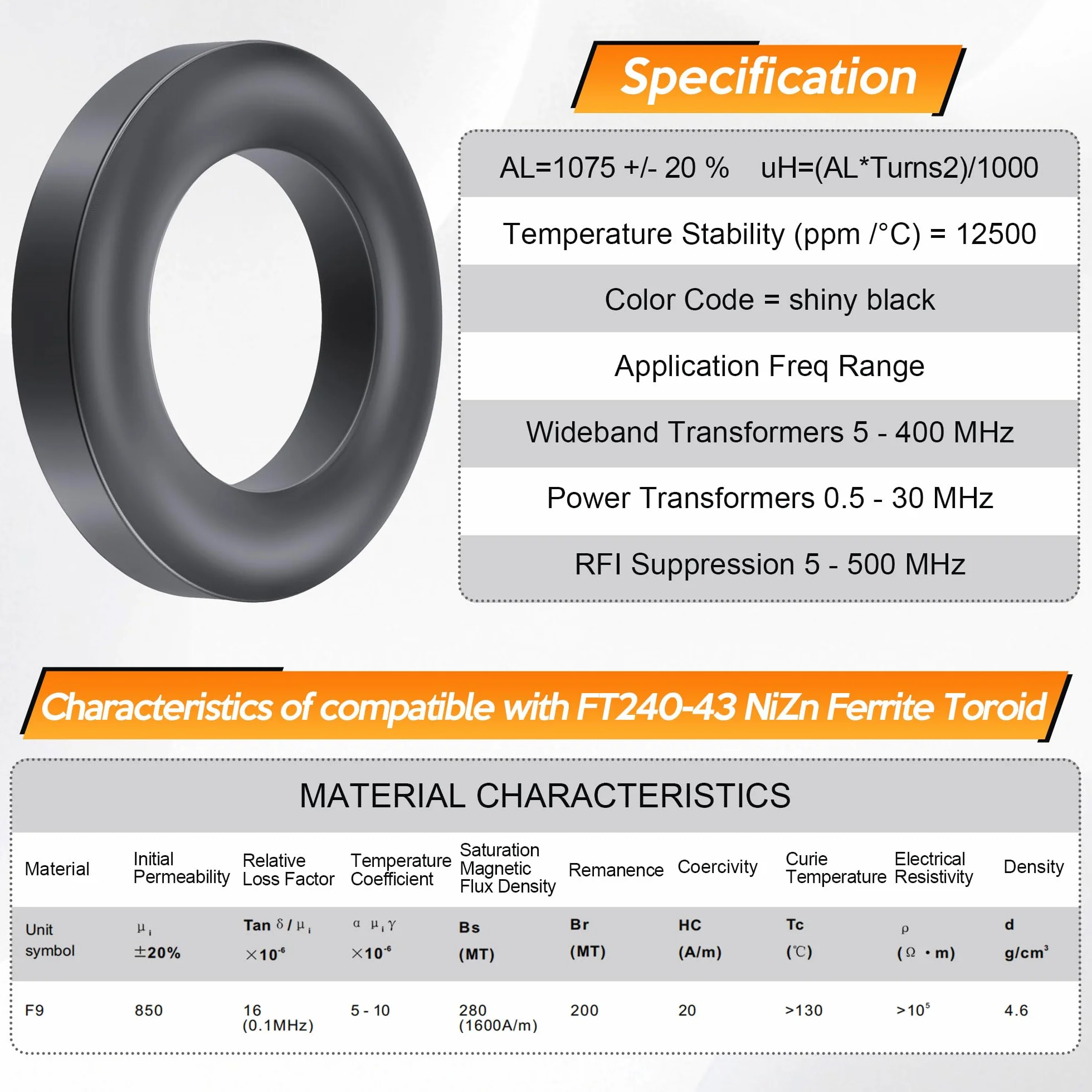Núcleo de ferrita toroide FT240-43 2.4 pulgadas para supresión RFI EMI RF HF EFHW