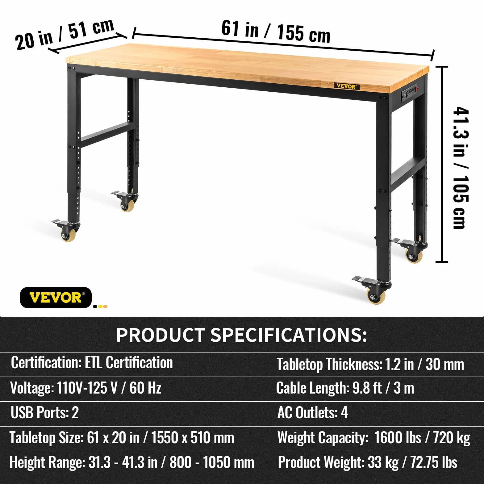 VEVOR Banco de Trabajo Altura Ajustable 80-105 cm 155x51 cm Tablón de Roble Marco de Acero 720 kg