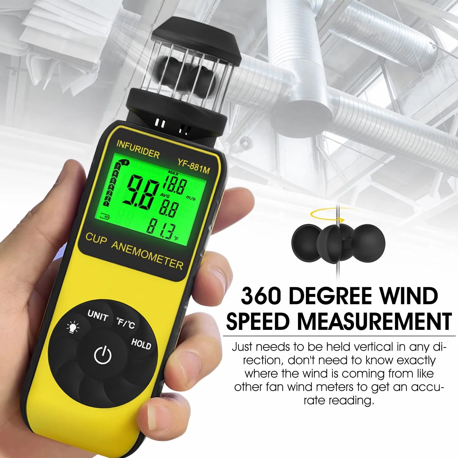 INFURIDER Anemómetro Portátil Digital Medidor de Viento con Brújula Velocidad Temperatura Aire Exterior
