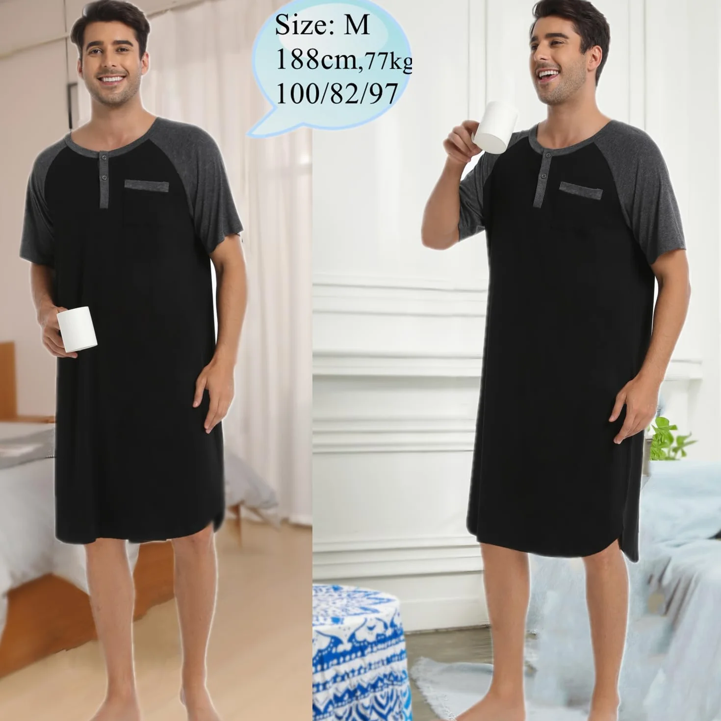 Enjoyoself Camisón Hombre Dormir Camisetas de Pijama Algodón Larga Suave Transpirable Camisa de Noche de Manga Corta Camison Hospital Ropa de Dormir para Descansar