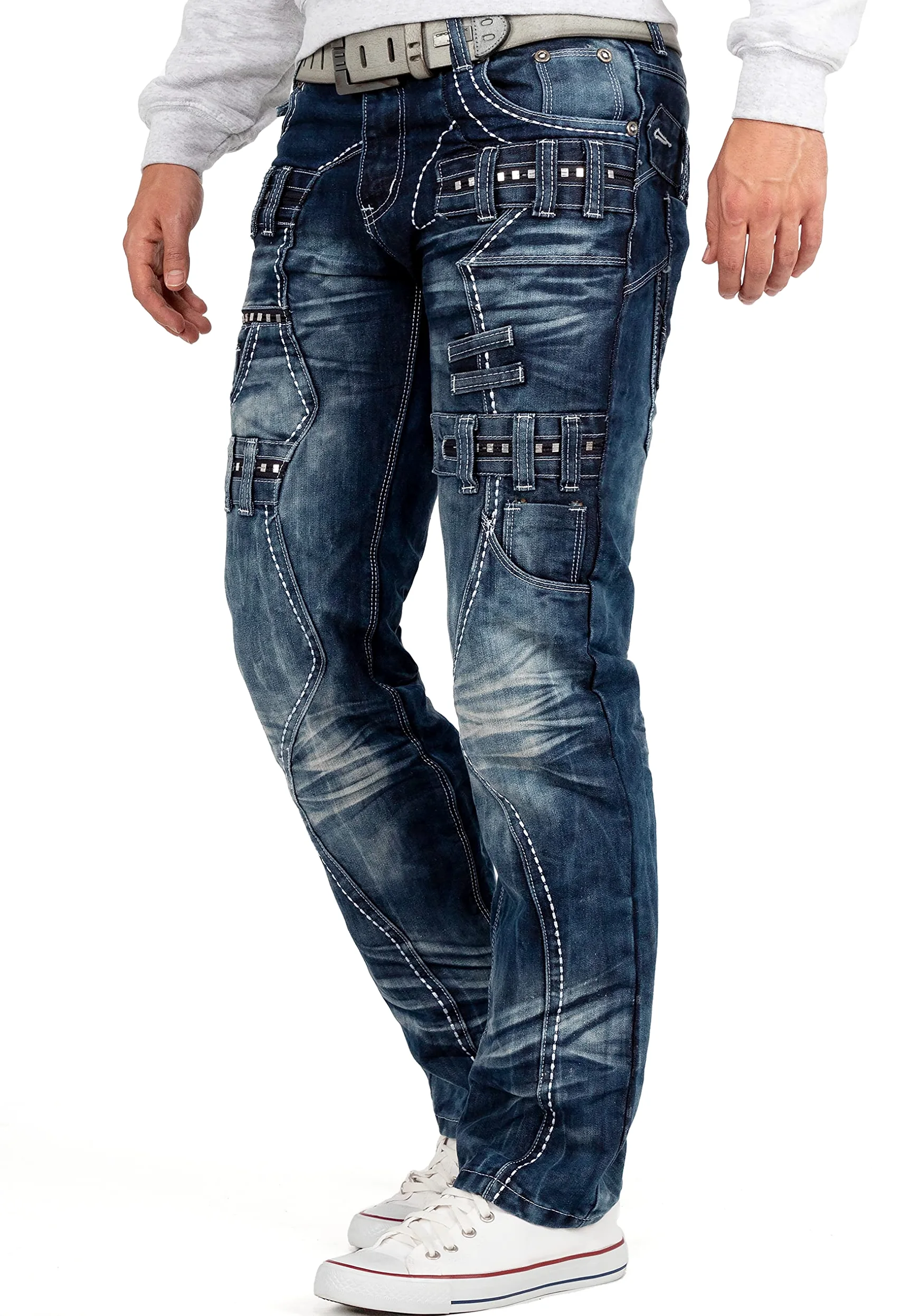 Vaqueros Hombre Regular Fit Cargo Streetwear | Detalles llamativos, bolsillos laterales, cierre con botón y cremallera, denim urbano para ocio, clubwear y tiempo libre