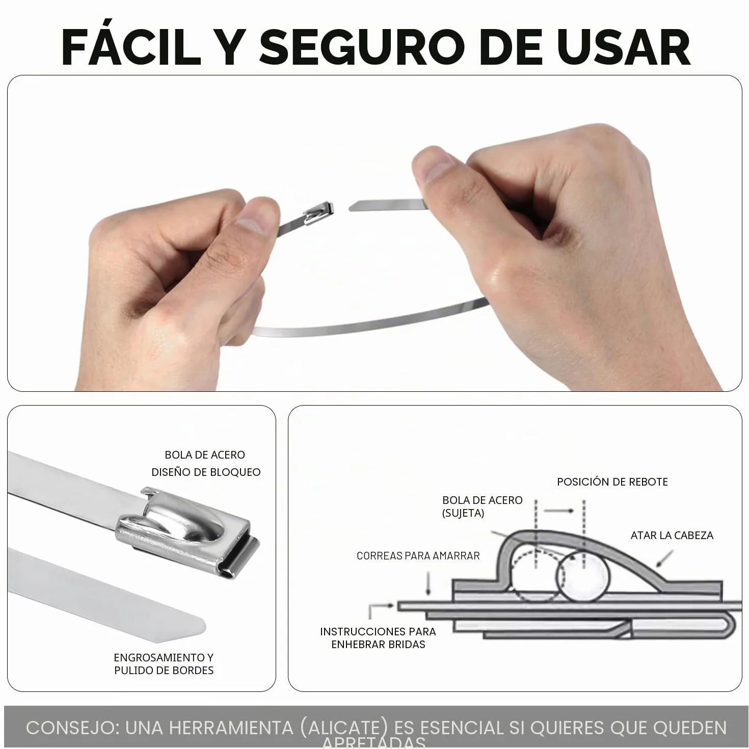 Bridas de Acero Inoxidable 600mmx4,6mm 122kg 100 Piezas para Fijación de Tuberías