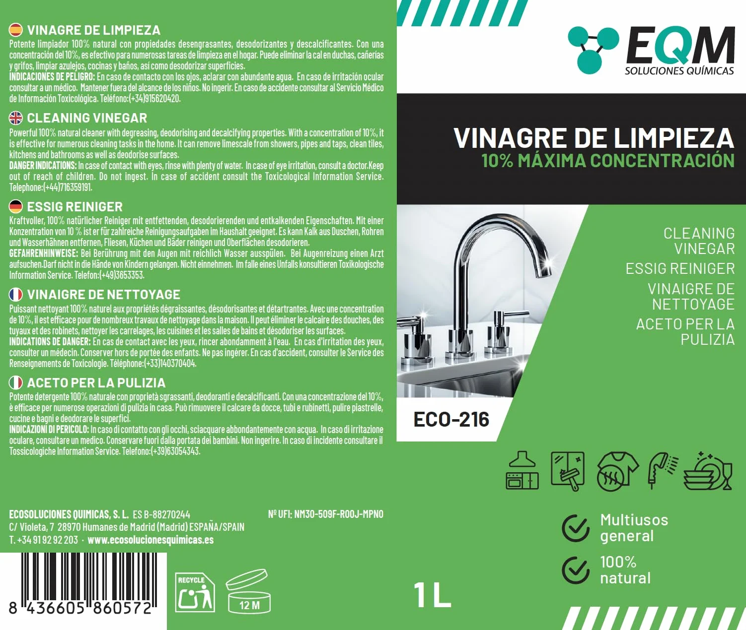 Vinagre de Limpieza Concentrado 1L 10º Acidez 100% Natural Limpiador Multiusos Hogar