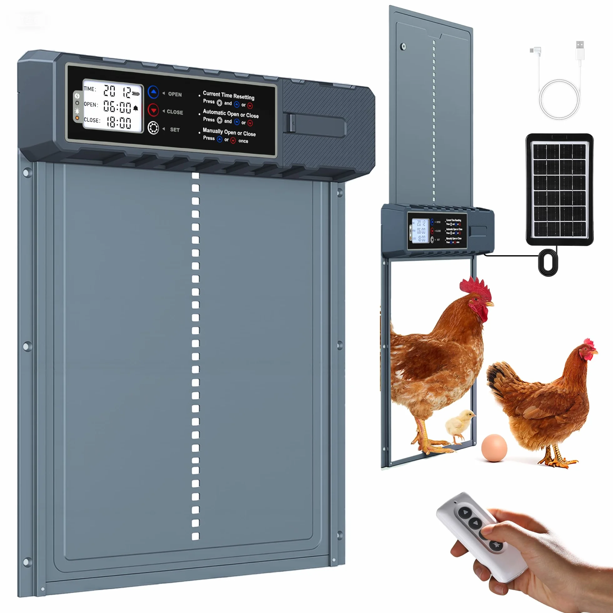 Puerta Gallinero Automatica XL Panel Solar 3W Aluminio Gris Antipinzamiento