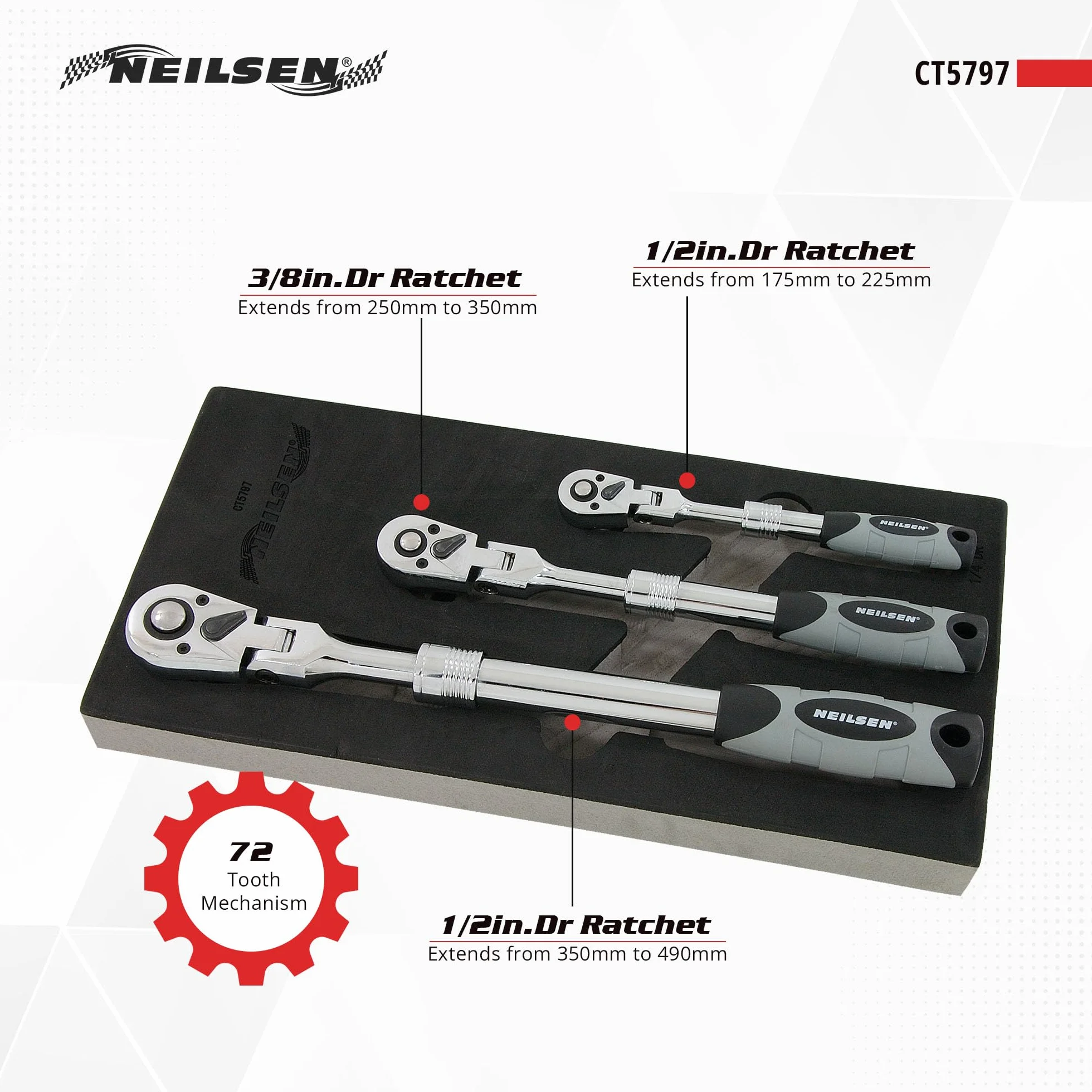 Neilsen CT5797 Juego de trinquetes extensibles 3 piezas cabezal giratorio 18 grados accionamiento 1/10.2 cm 3/20.3 cm 1/5.1 cm mecanismo 72 dientes