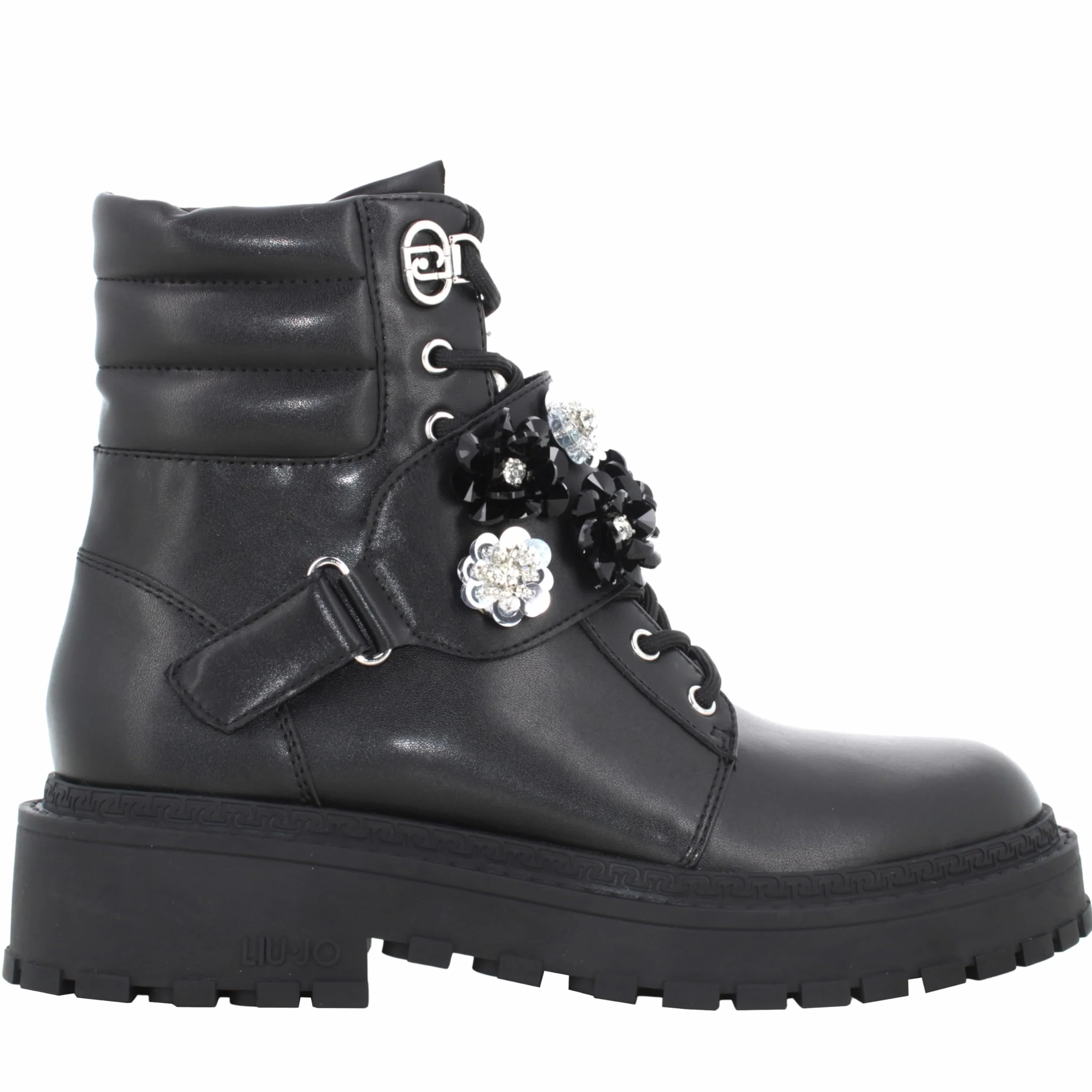Liu Jo Botas Militares con Flores de Cristal, Negro, Cuero, Suela de Goma, Estilo Combat (Negro, Mediano, Sistema tallas calzado EU, Adulto, Números, mediano, 39)