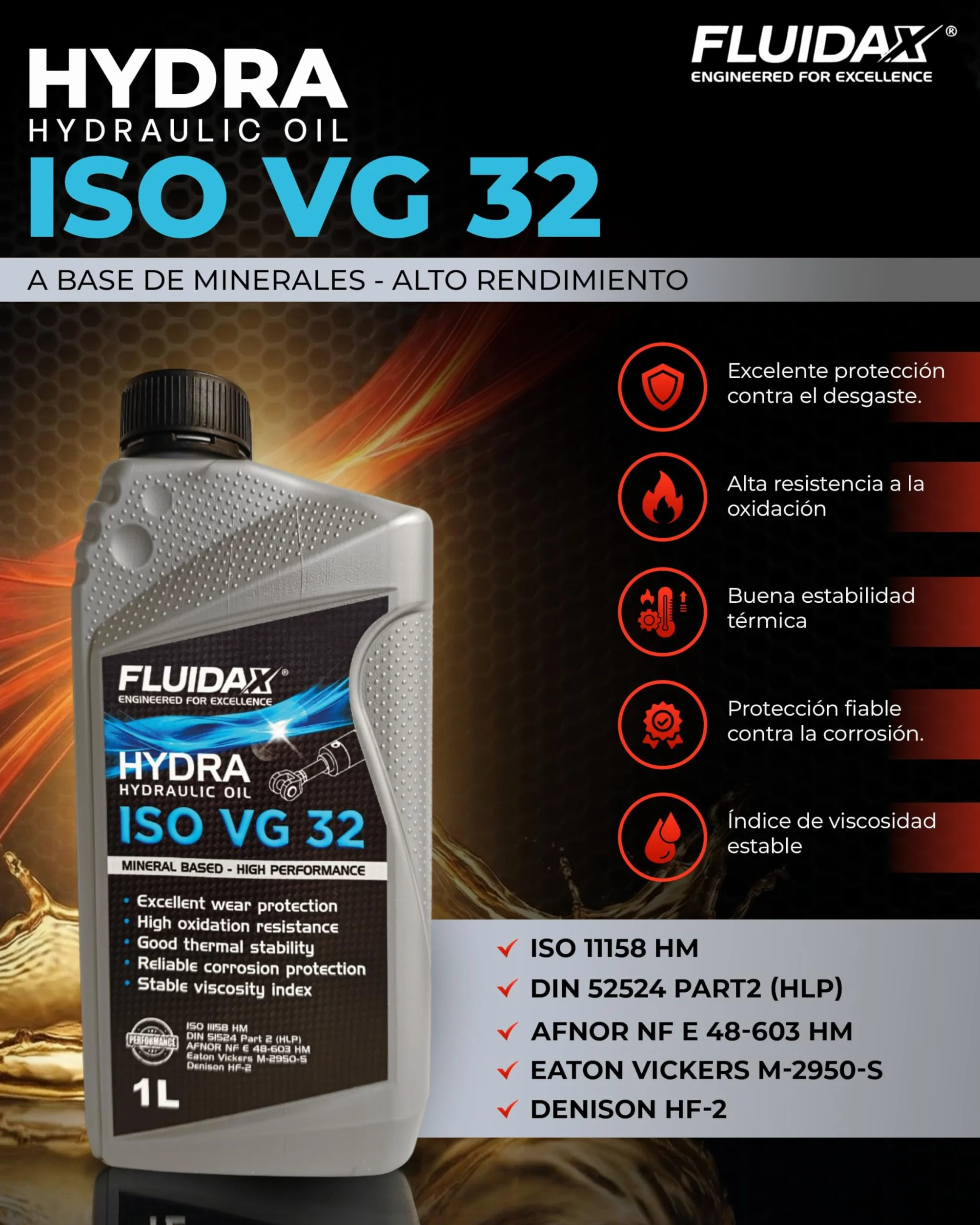 Aceite hidráulico ISO VG 32 HLP 1 litro lubricante mineral antidesgaste DIN 51524
