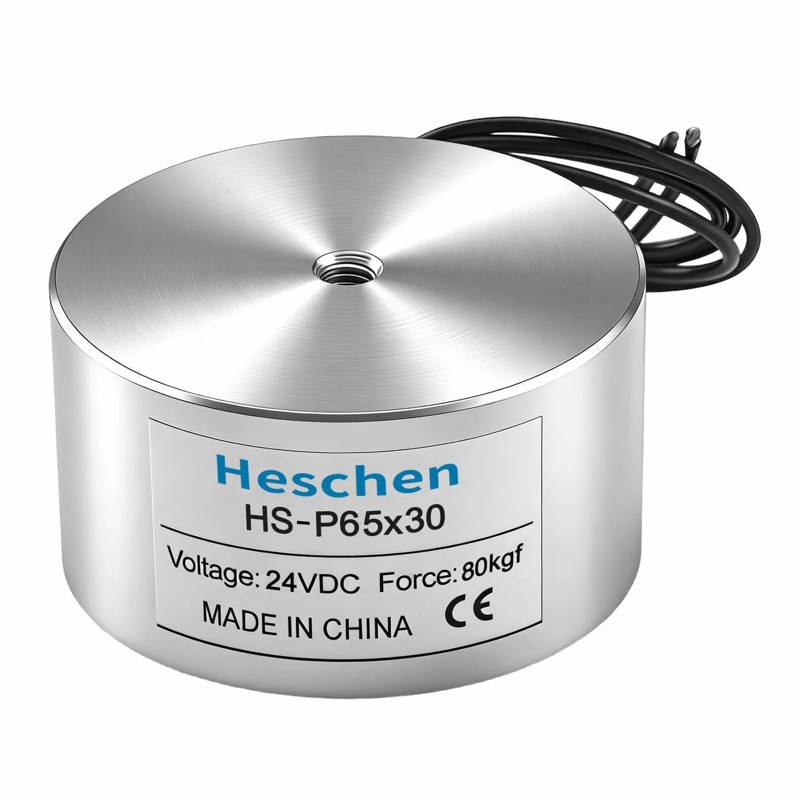 Heschen Electroimán P65/30 24V CC 80kg Atracción Plateado Cilíndrico