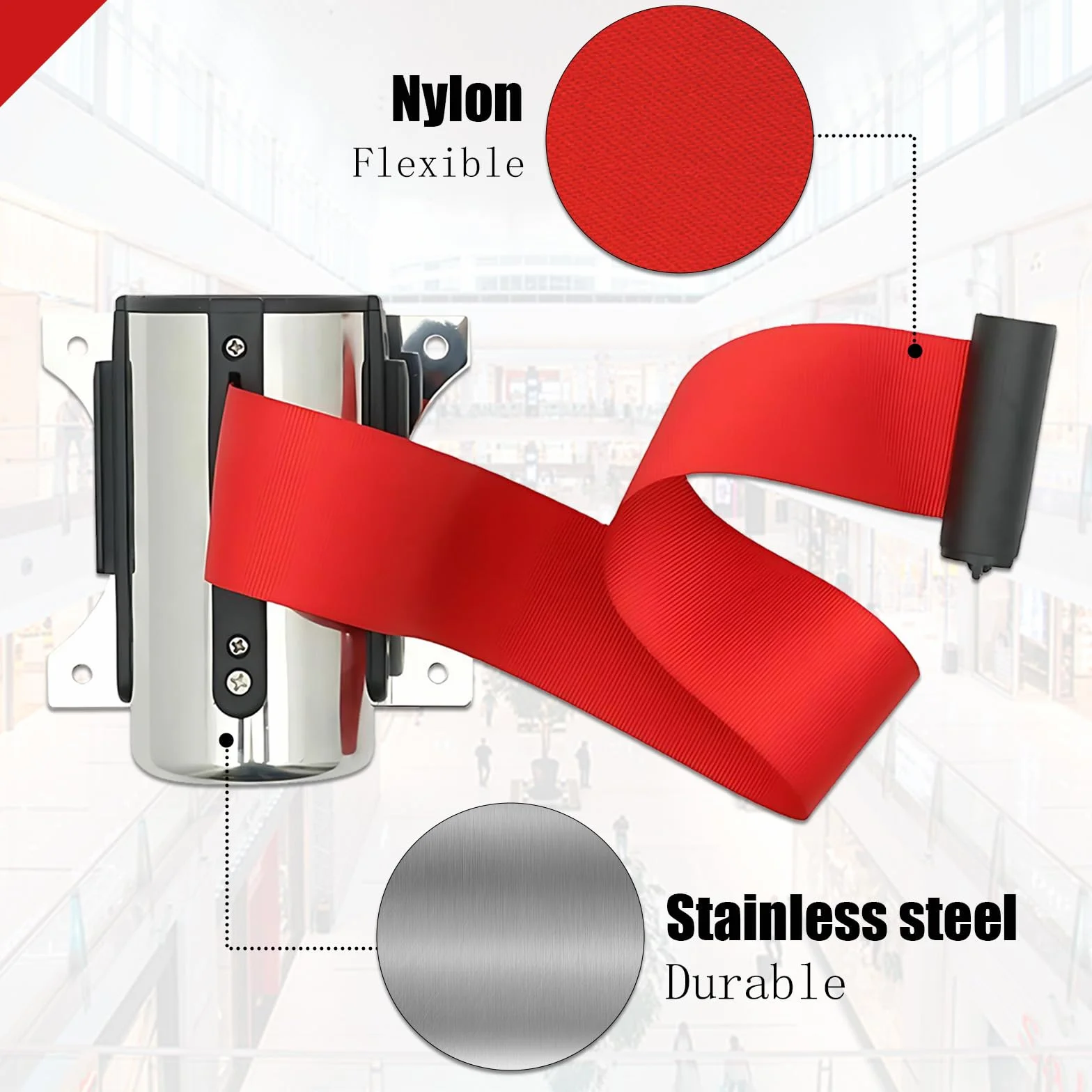 Barrera de Seguridad Retráctil de Acero Inoxidable Montada en Pared, Cinturón Rojo