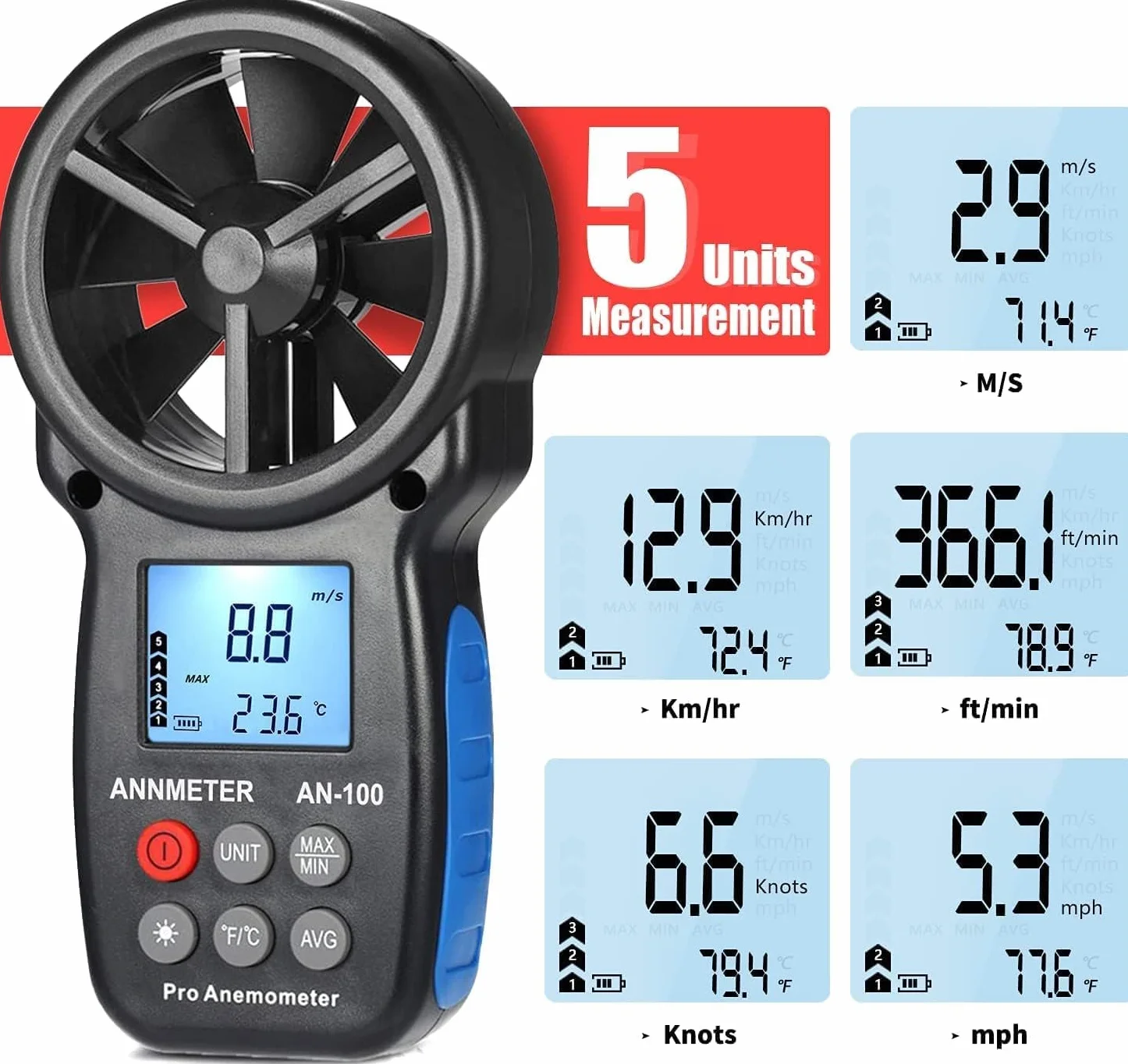 Anemómetro Digital AIOMEST AI-100 Medidor Velocidad Viento Portátil con Temperatura