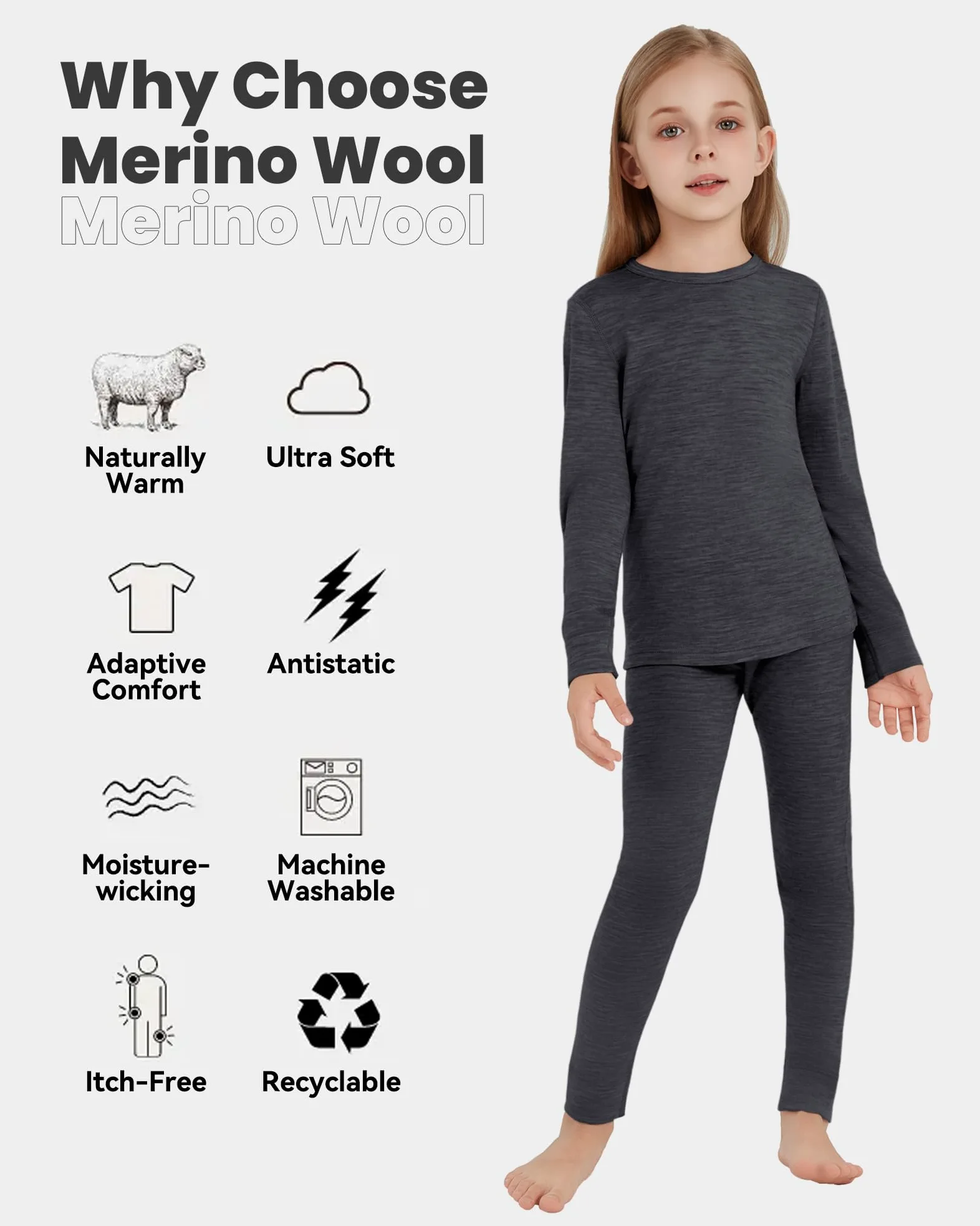 Ropa interior térmica infantil unisex, 100 % lana merino, juego para niños y niñas, ropa interior de esquí de invierno, cálida y cómoda, 260 g/m², gris brezo 3-4