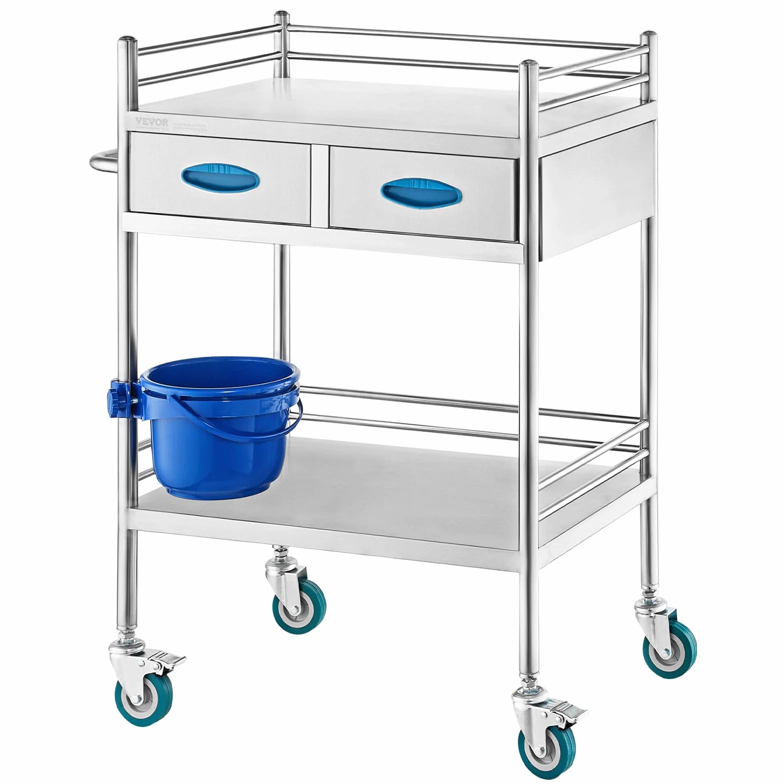 VEVOR Carrito de Médico 2 Capas 2 Cajones 59,9 x 42,9 x 85,1 cm Acero Inoxidable 4 Ruedas Omnidireccional